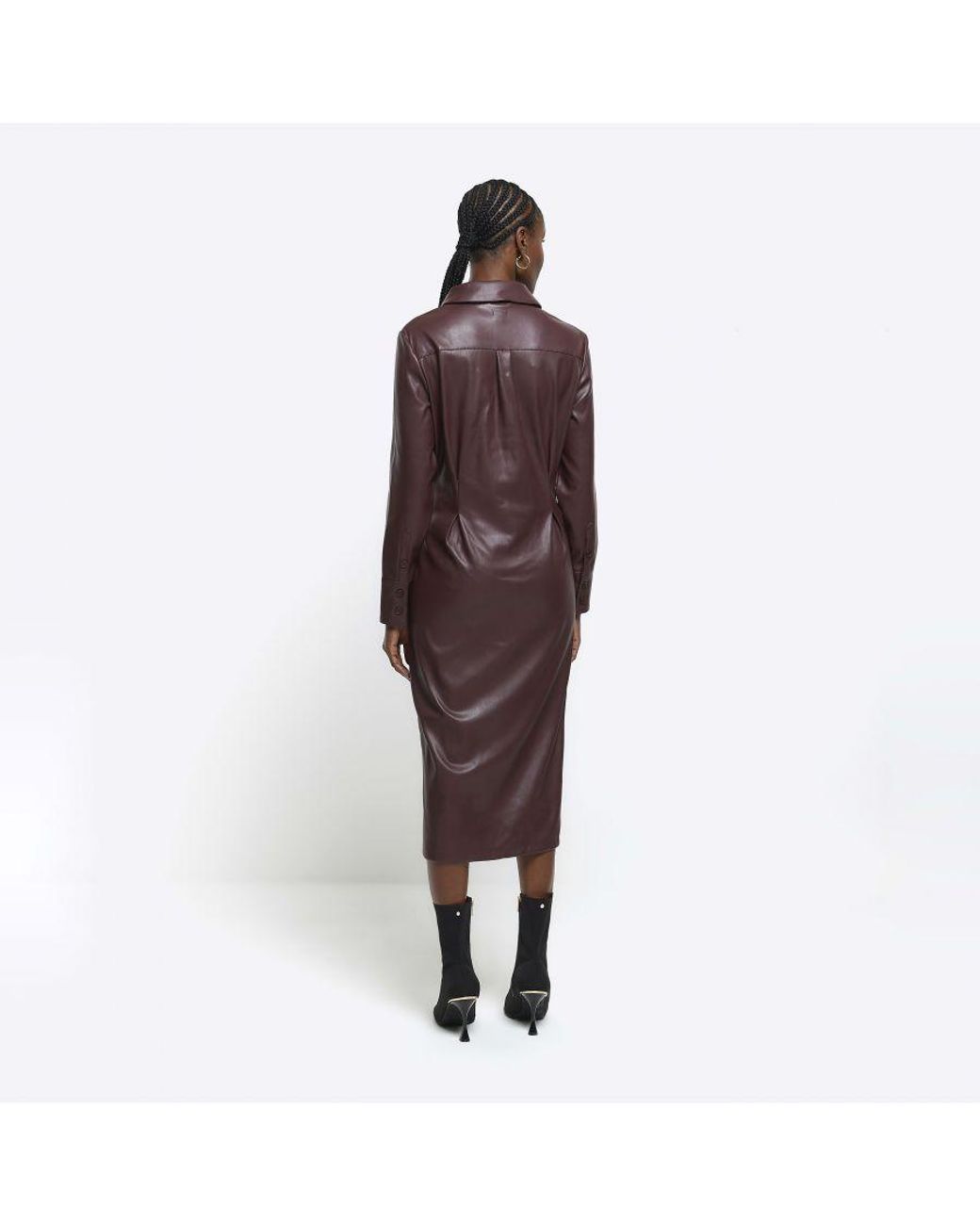 River Island Midi Shirt Dress Faux Leather in Brown | Lyst UK