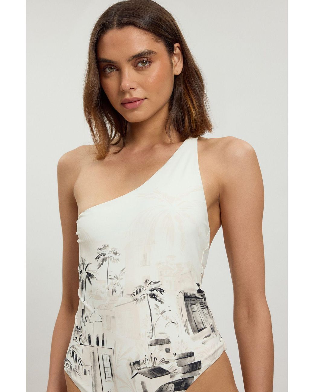 Karen Millen White Scenic Print One Shoulder Swimsuit