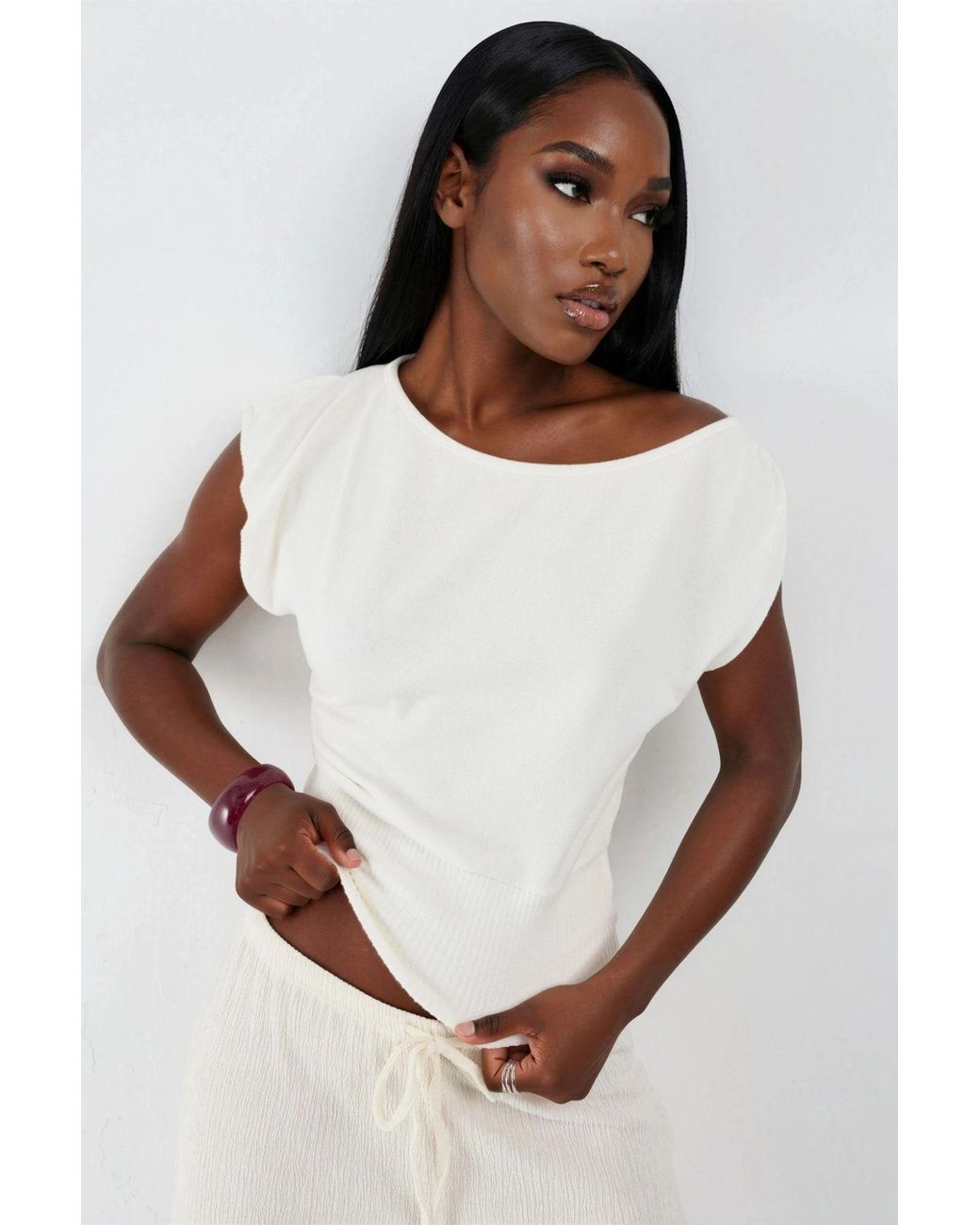 Busem White Boat Neck Ribbed Blouse