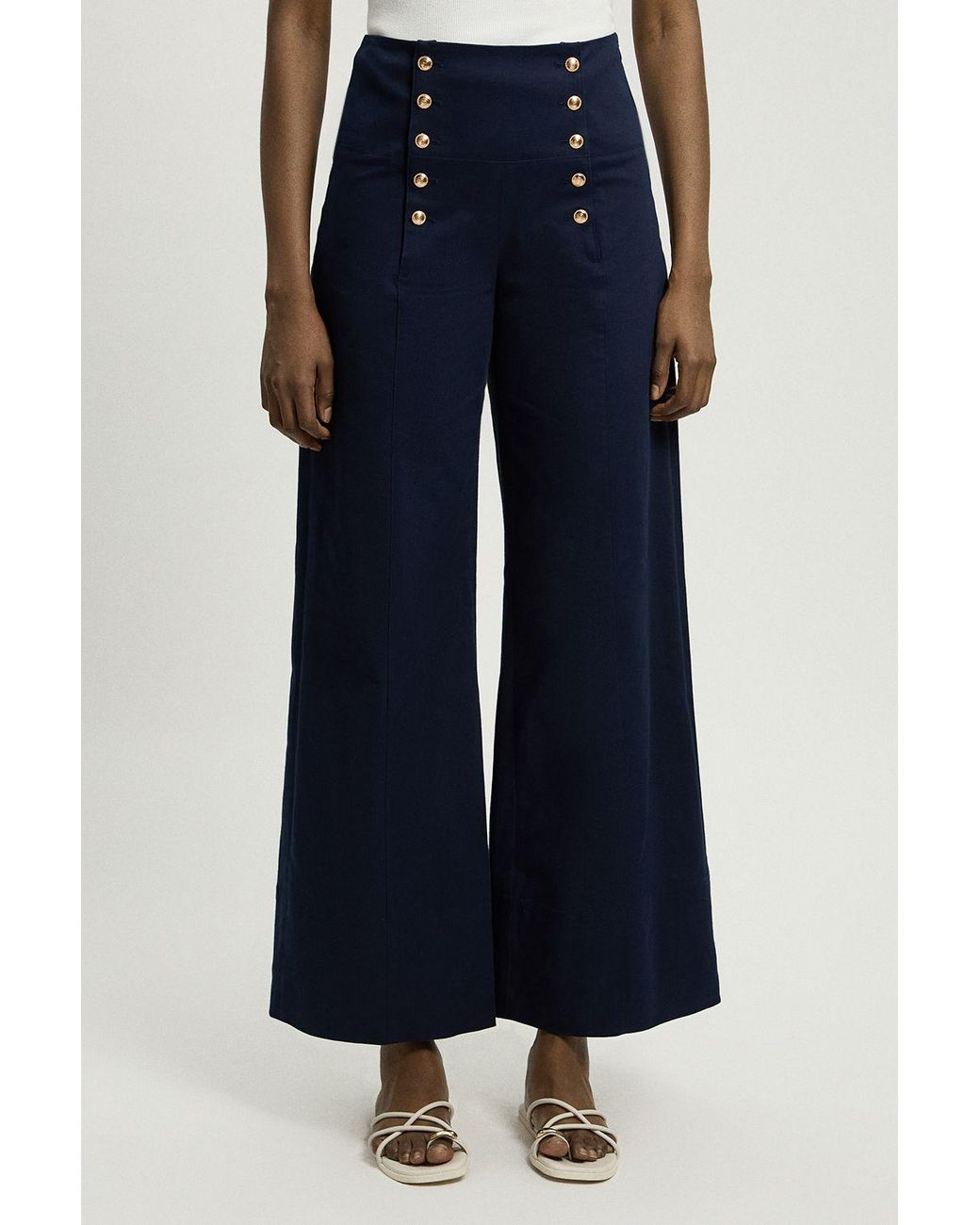 Karen Millen Blue Cotton Tailored Button Detail Trousers