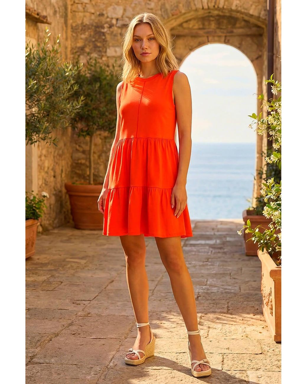 Roman Cotton Tiered Stretch Dress
