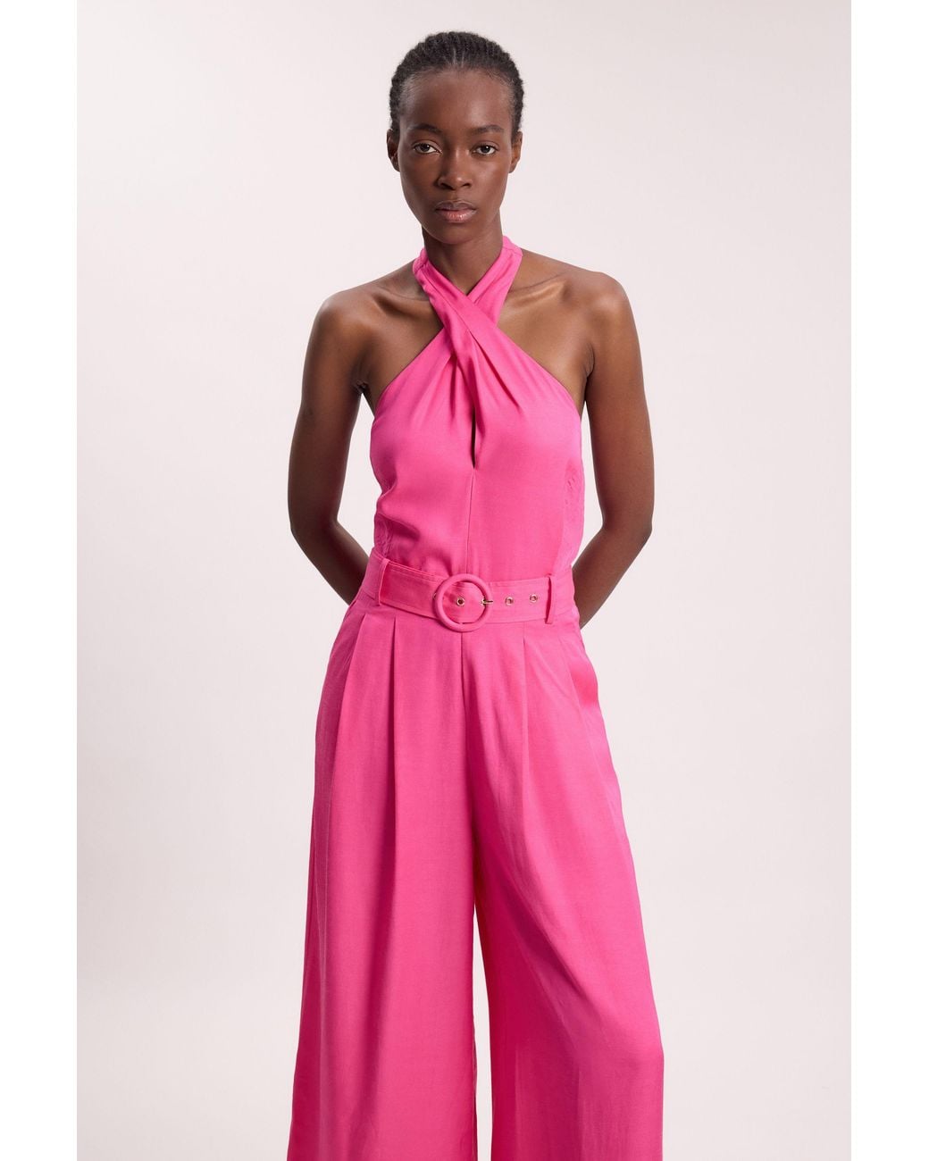 Karen Millen Pink Premium Viscose Linen Cross Front Halter Belted Woven Wide Leg Jumpsuit