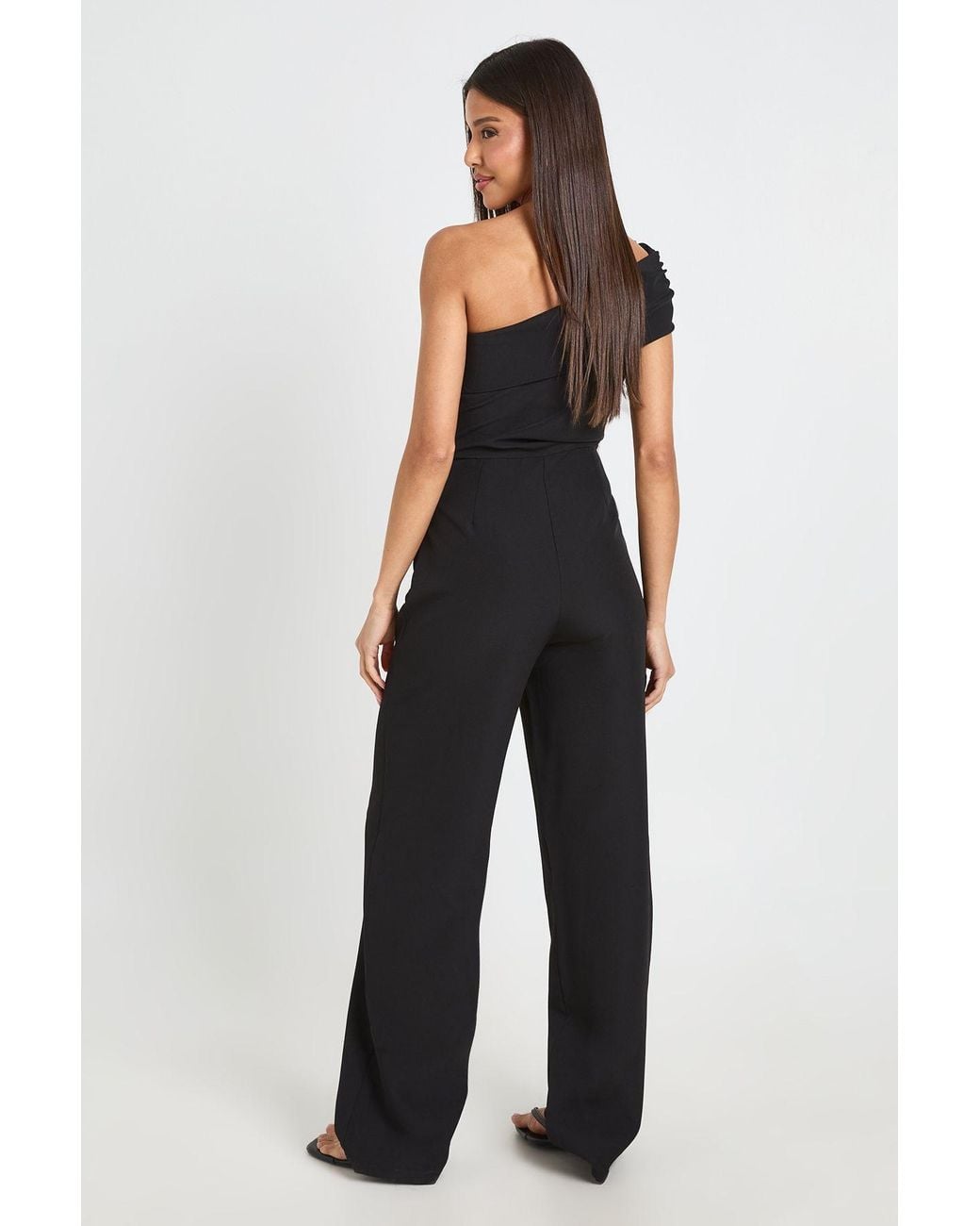 Boohoo Blue One Shoulder Ruched Detail Wide Leg Jumpsuit