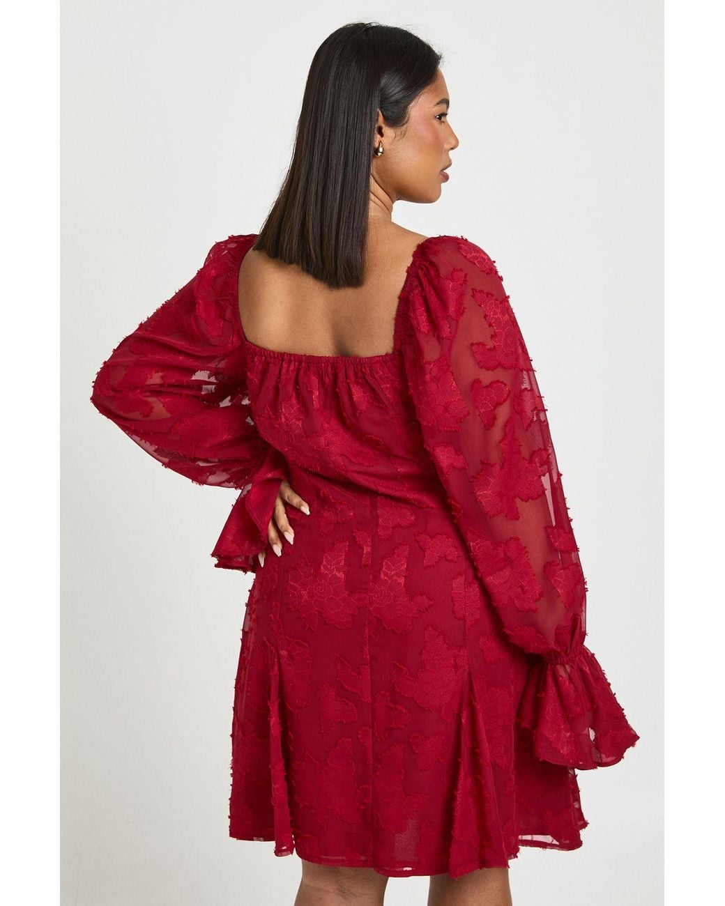 Boohoo Red Plus Burnout Floral Godet Hem Mini Dress