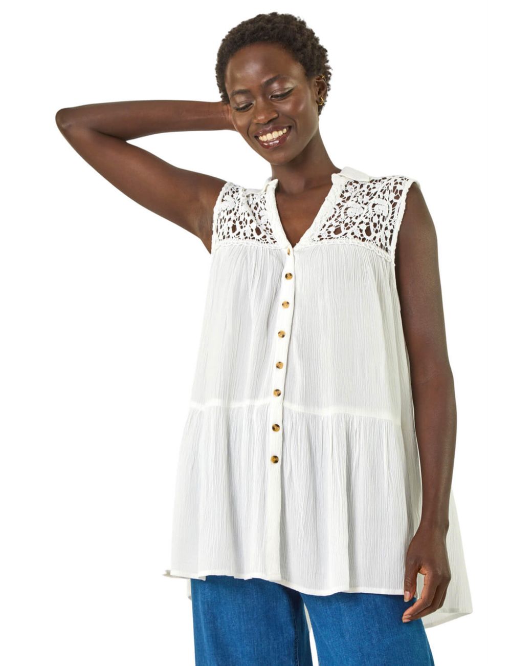 Roman White Lace Yoke Tiered Panel Blouse