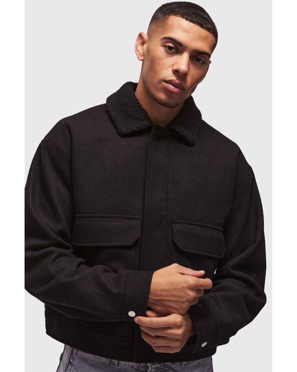 BoohooMAN Black Boxy Borg Collar Harrington for men