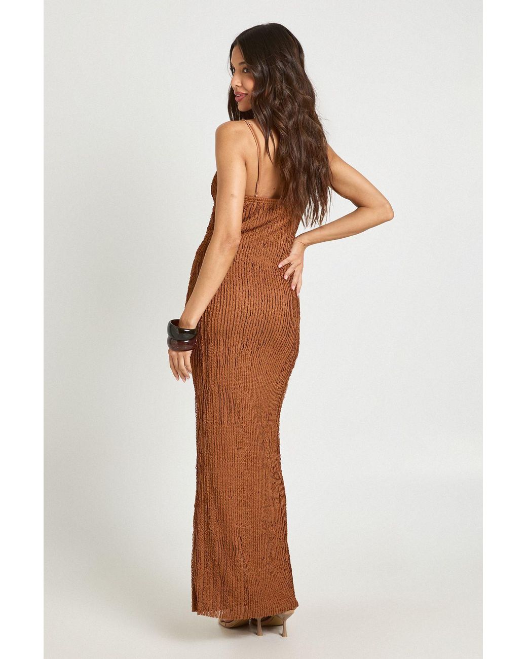 Boohoo Brown Textured Crochet Strappy Cami Maxi Dress