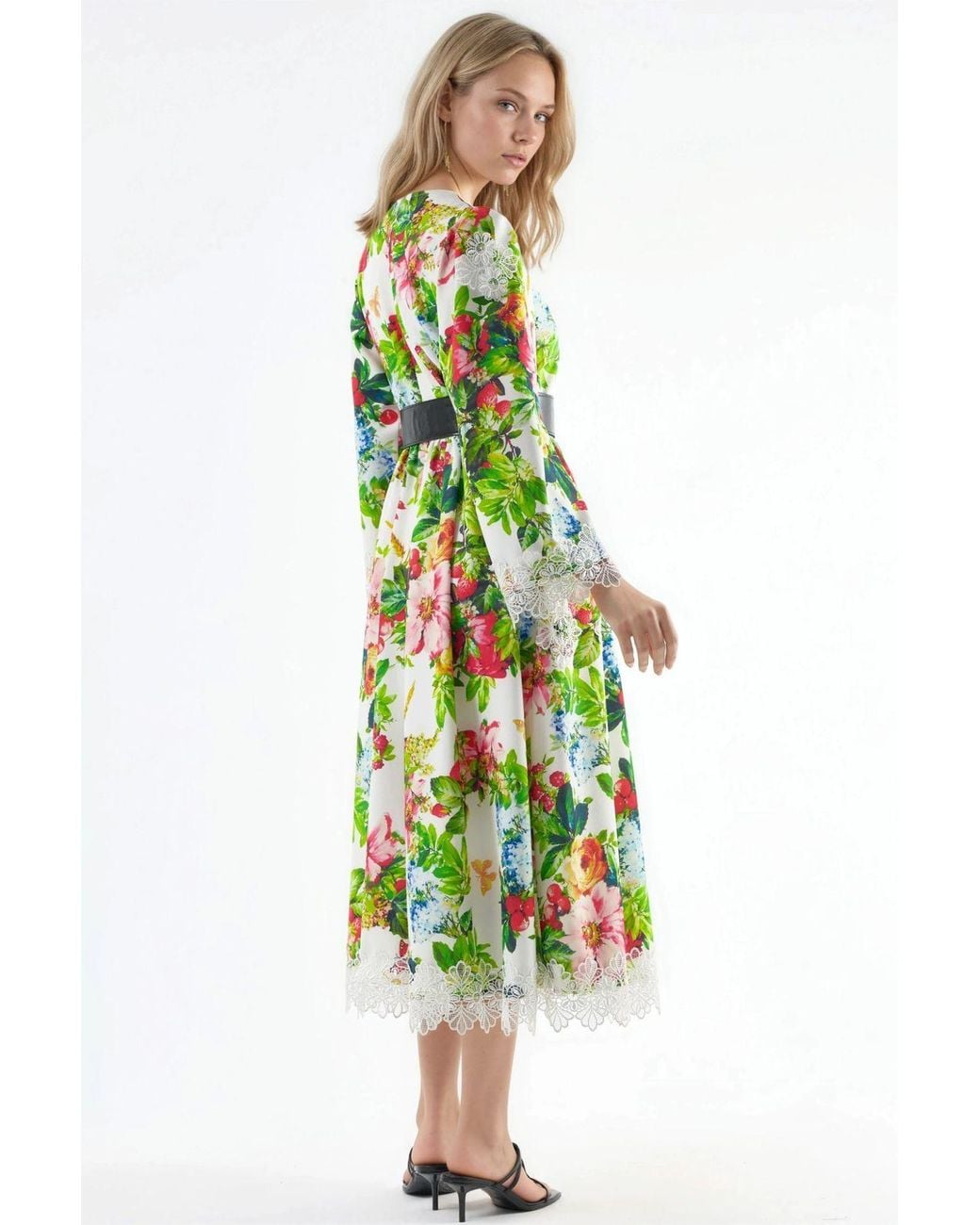 Msn-Collection Green Floral Belted A-Line Midi Dress