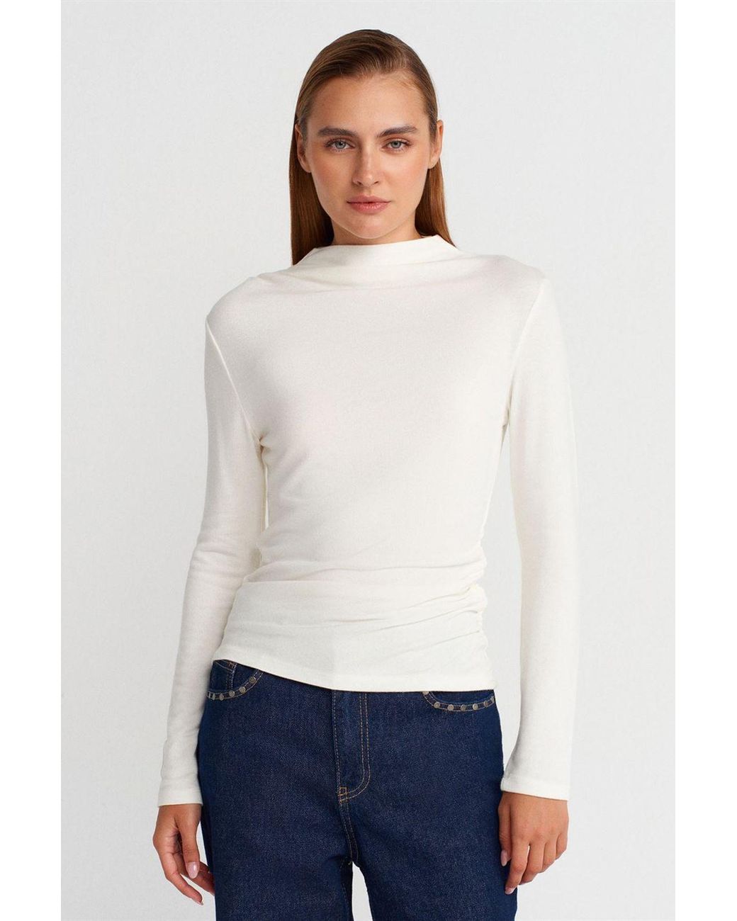 Dilvin Geribbelde Slim-Fit Halve Colblouse in het White