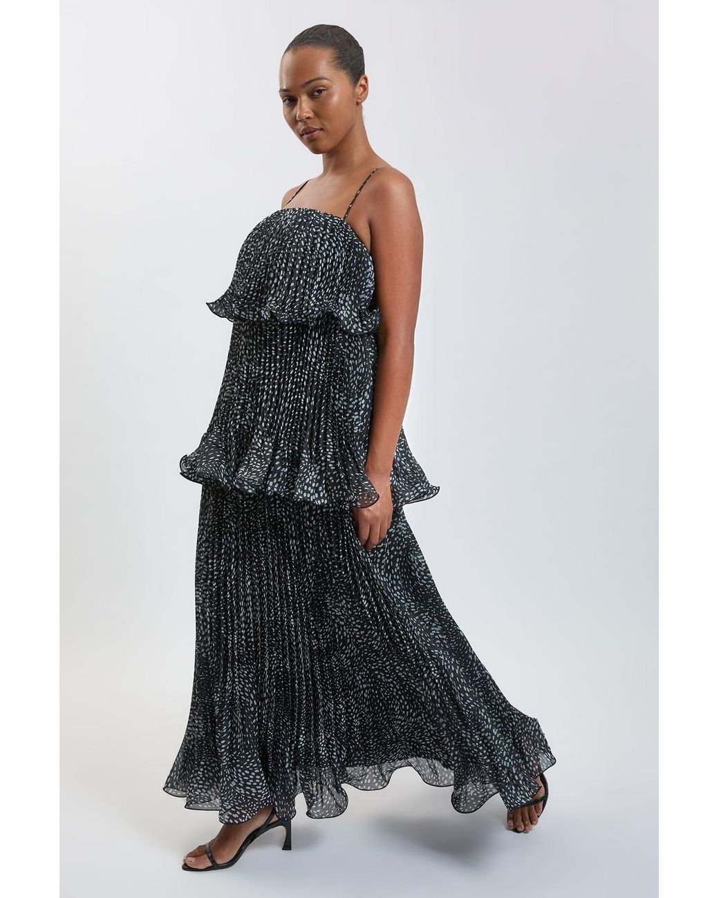 Karen Millen Black Plus Size Spot Print Pleated Slub Organdie Peplum Woven Maxi Dress