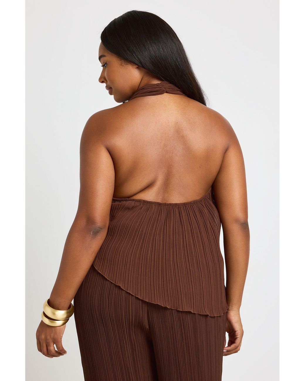 Boohoo Brown Plus Plisse Halter Neck Wrap Over Tie Top