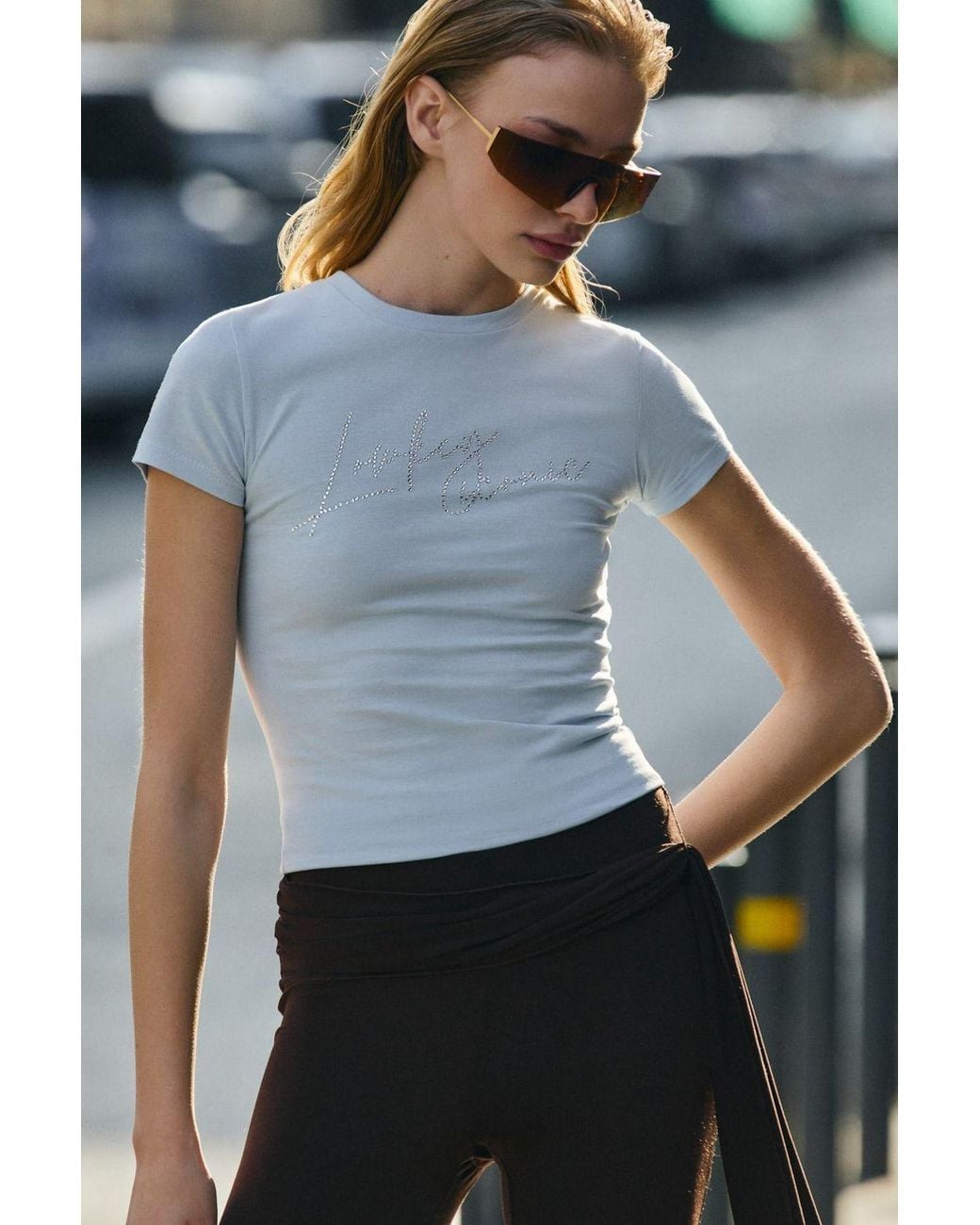 Grimelange Blue Crop Crew Neck T-Shirt