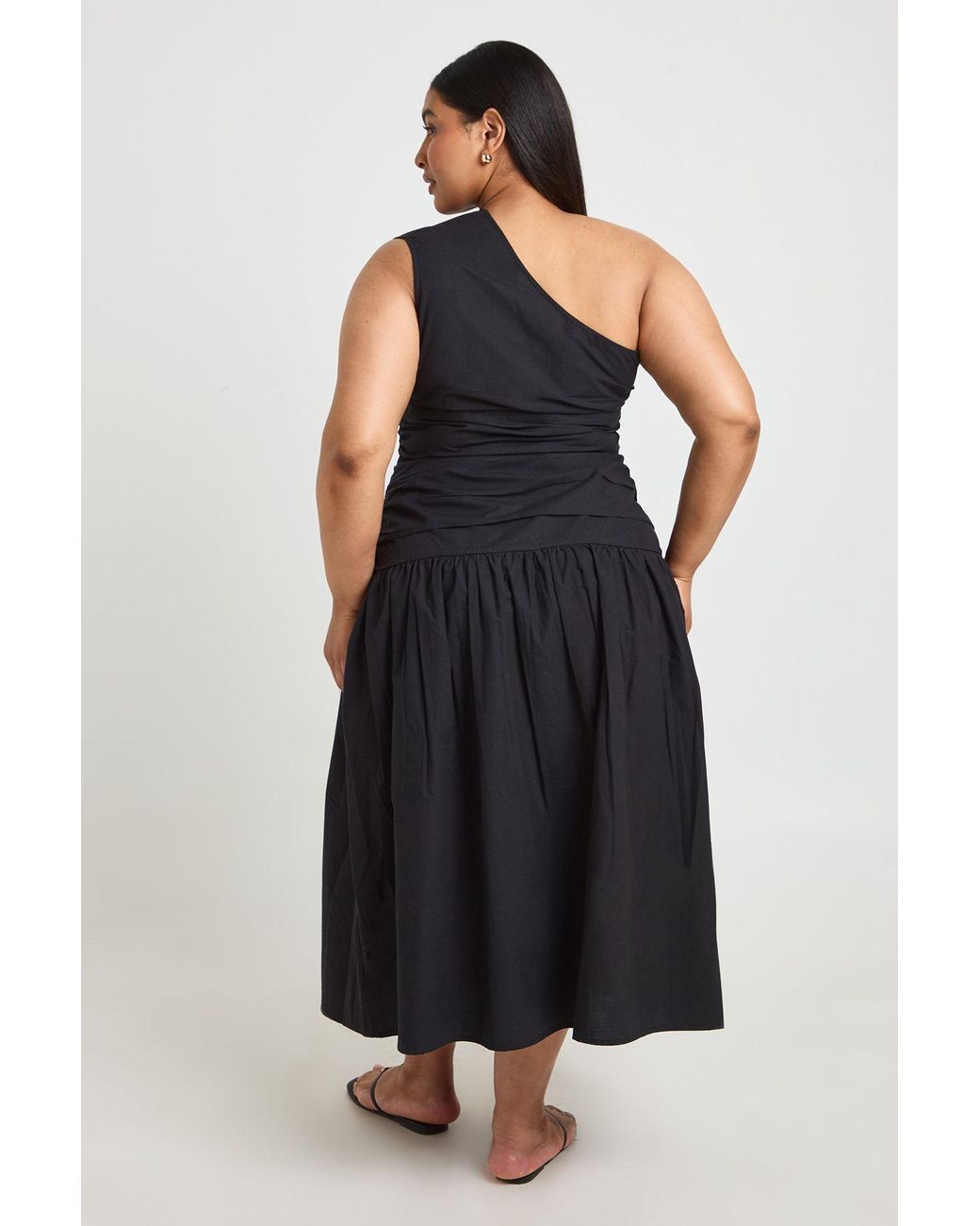 Boohoo Black Plus Cotton Poplin One Shoulder Ruched Midaxi Dress