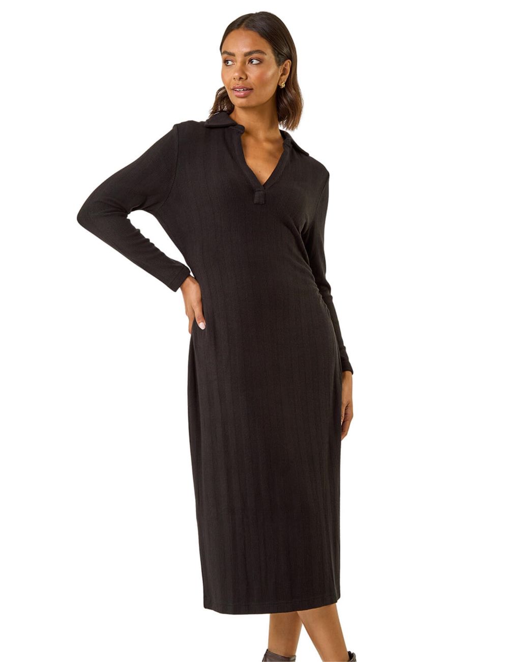 Roman Black Collar Ribbed Knit Miid Dress