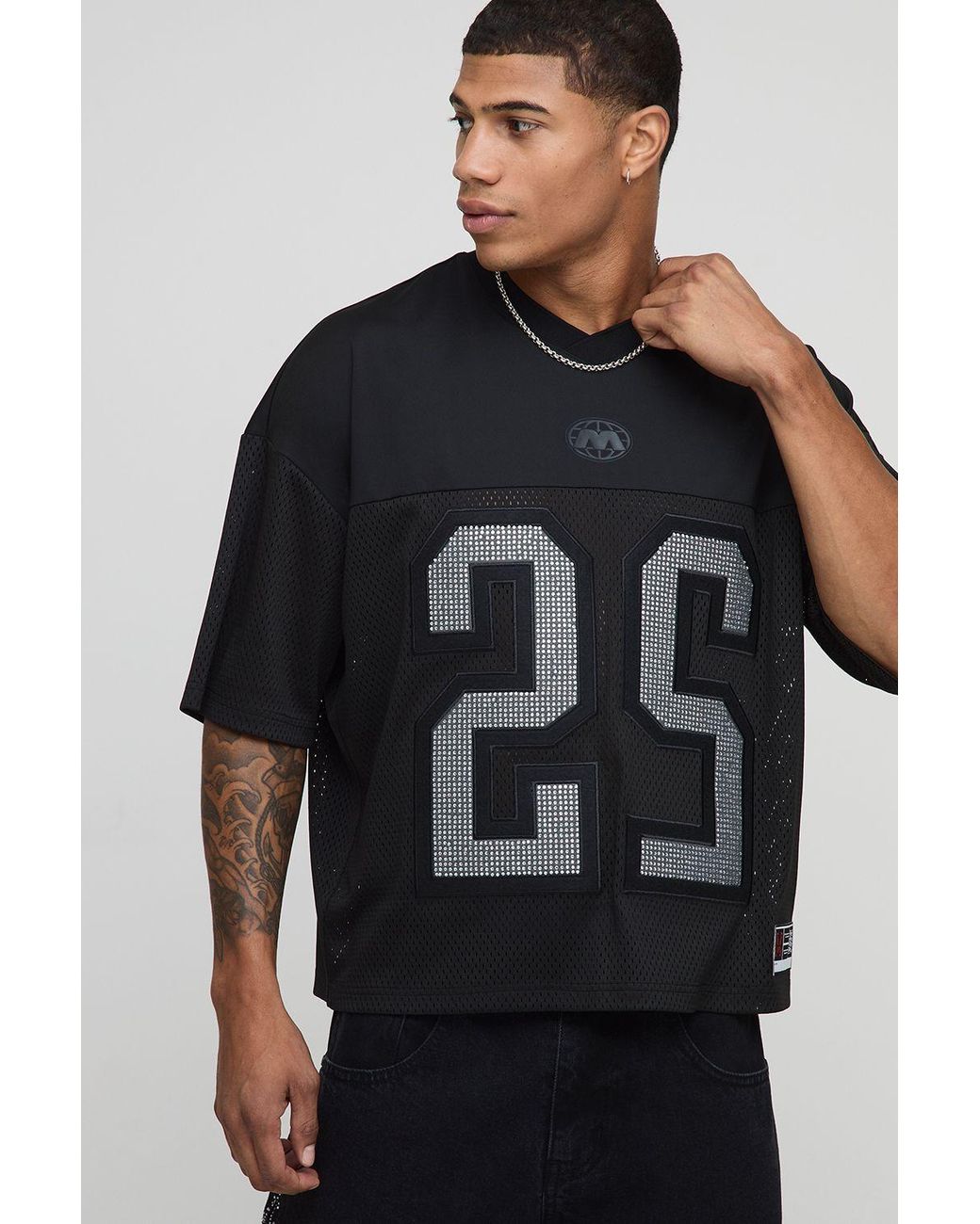 BoohooMAN Black Oversized Boxy Mesh Diamante Varsity Hockey Top for men