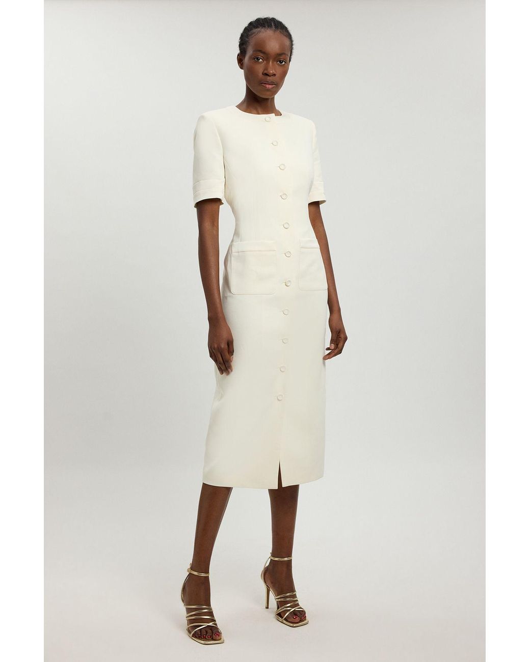 Karen Millen Natural Satin Tux Short Sleeve Tailored Midi Dress