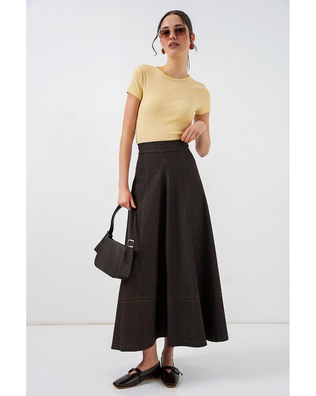 Bigdart White High Waist Denim A-Line Maxi Skirt With Pockets