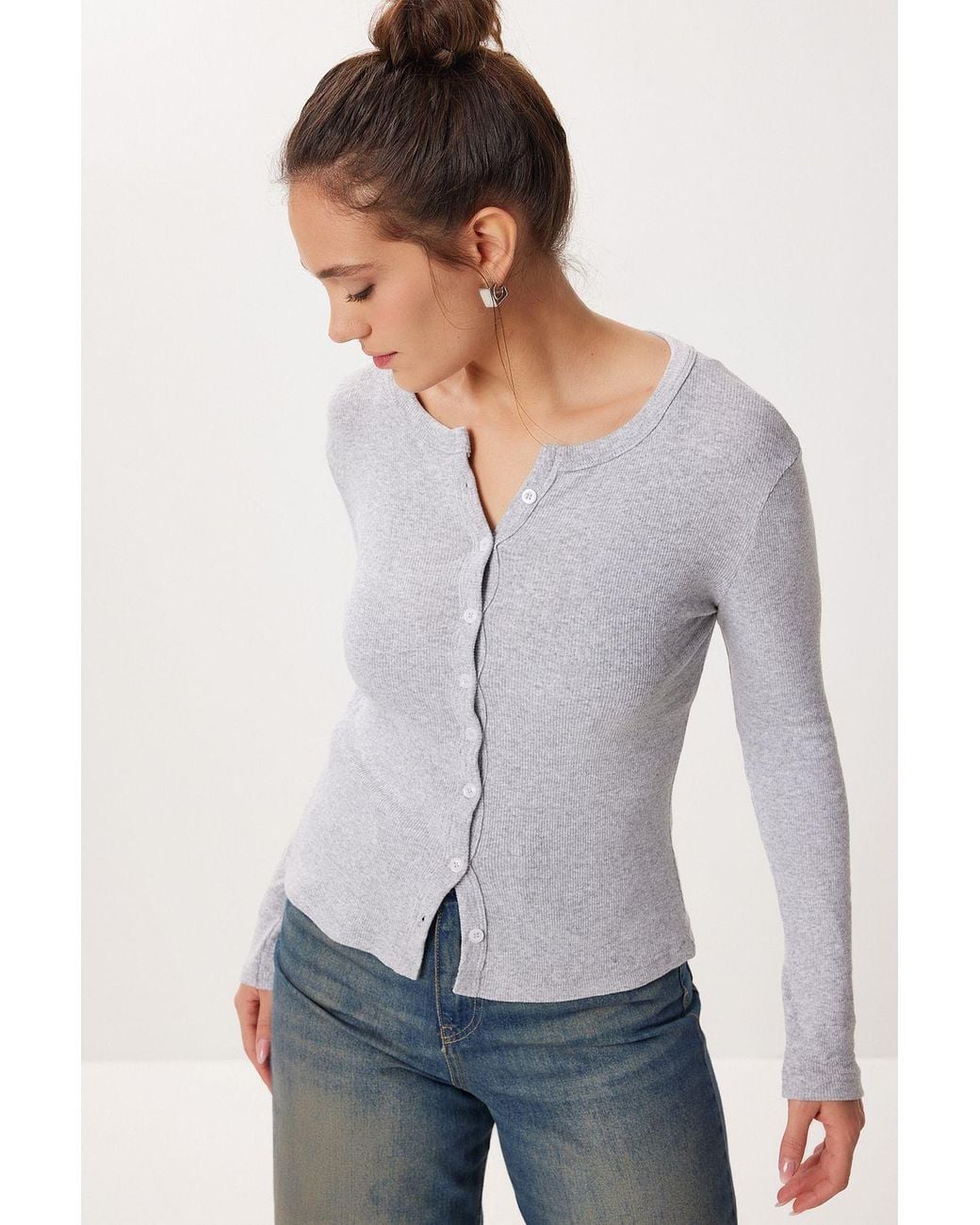 Happiness İstanbul Gray Slim Fit Ribbed Knit Cardigan