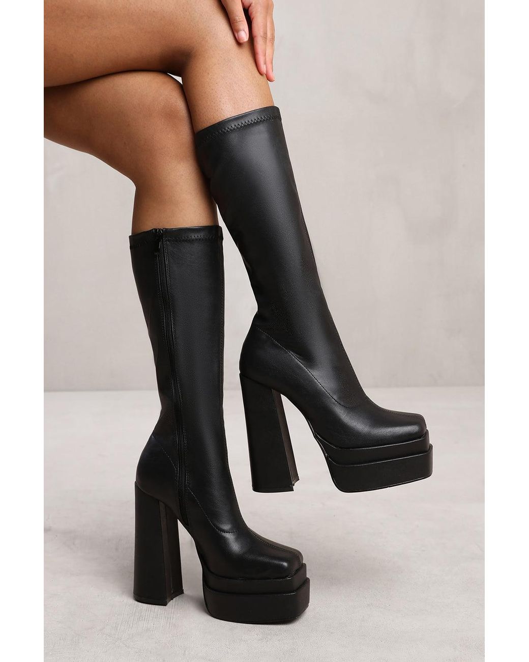 Where s That From Wheres Elsie Below Knee Block Heel Platform Boot in Black Lyst UK
