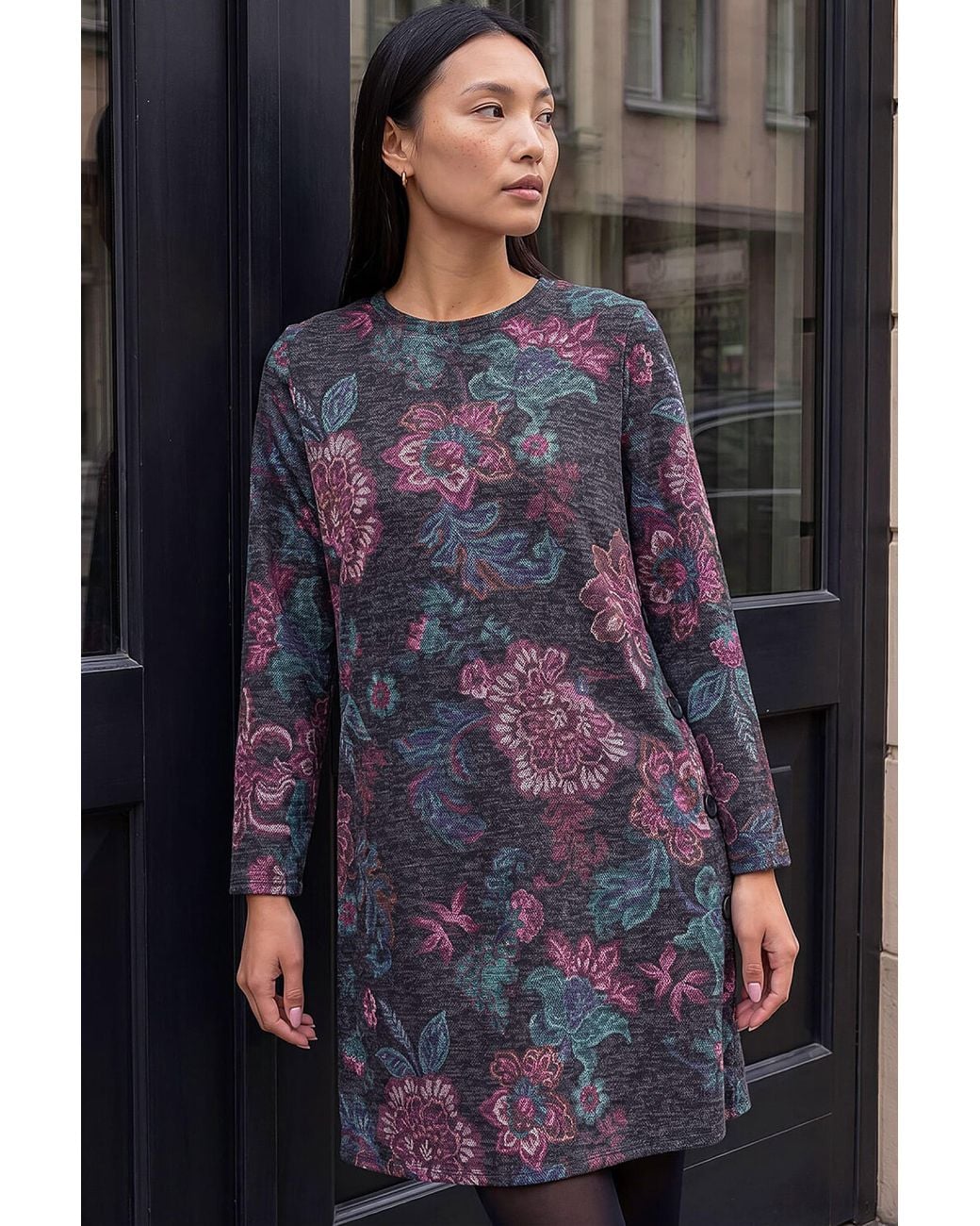 Roman Black Floral Print Swing Dress