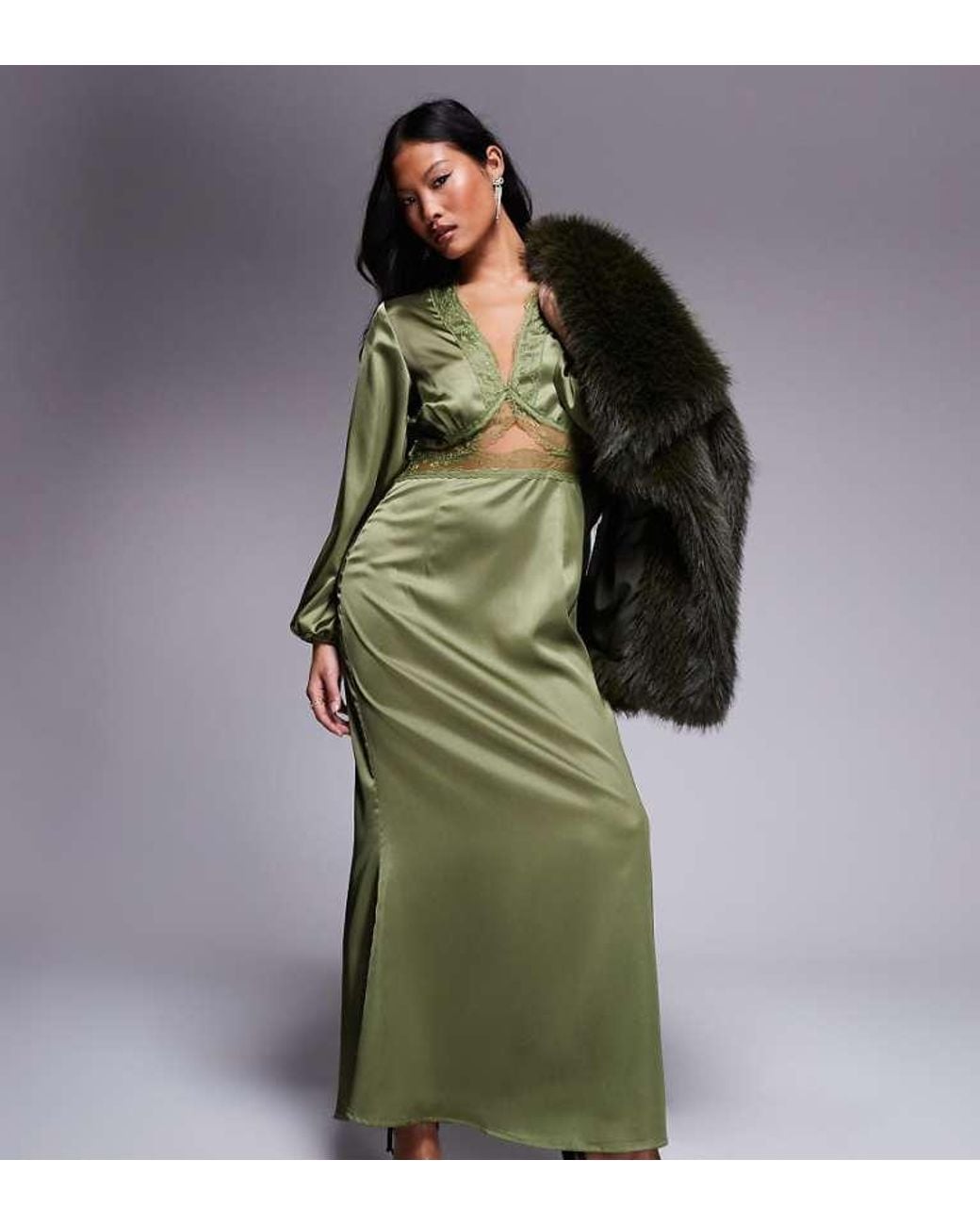 Never Fully Dressed Green Petite Mimi Long Sleeve Lace Cut-Out Slip Maxi Dress