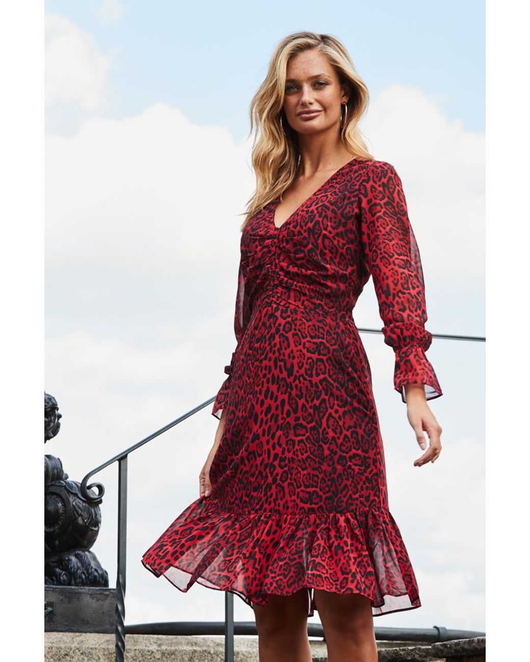 Sosandar Red Leopard Print Fit & Flare Dress