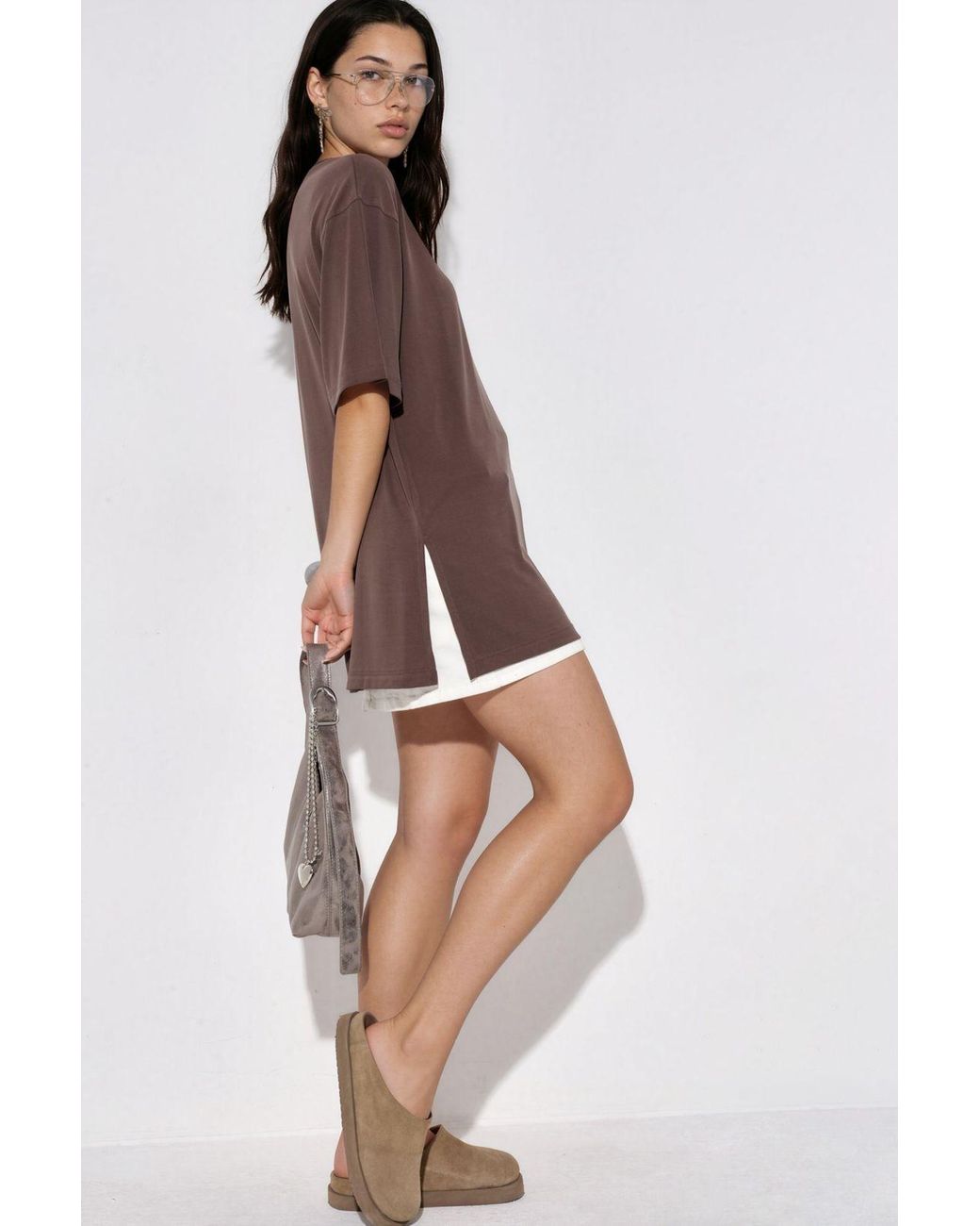 Busem Brown Slit Detailed Crew Neck Short Sleeve T-Shirt
