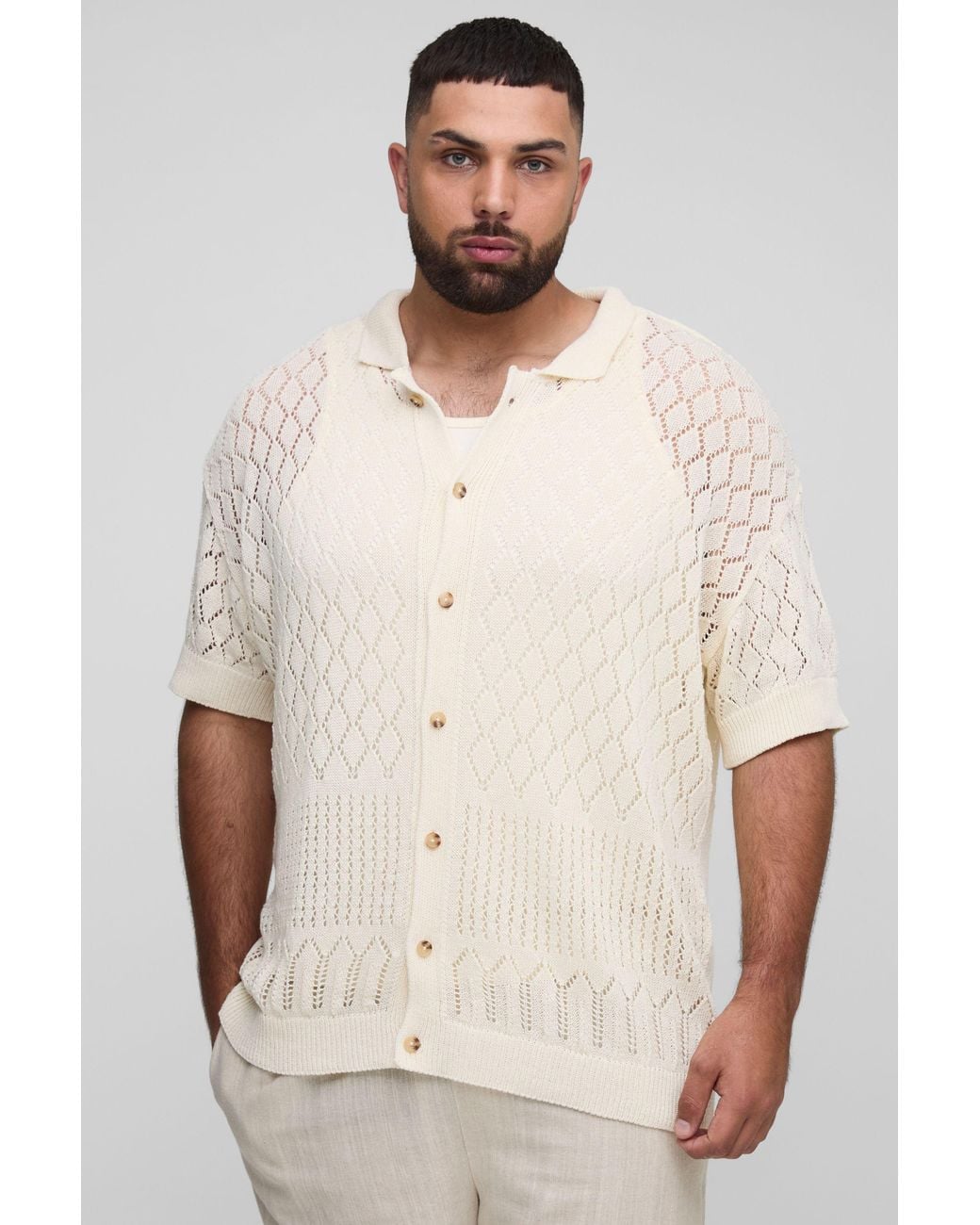 BoohooMAN Natural Plus Open Stitch Crochet Relaxed Polo Shirt for men