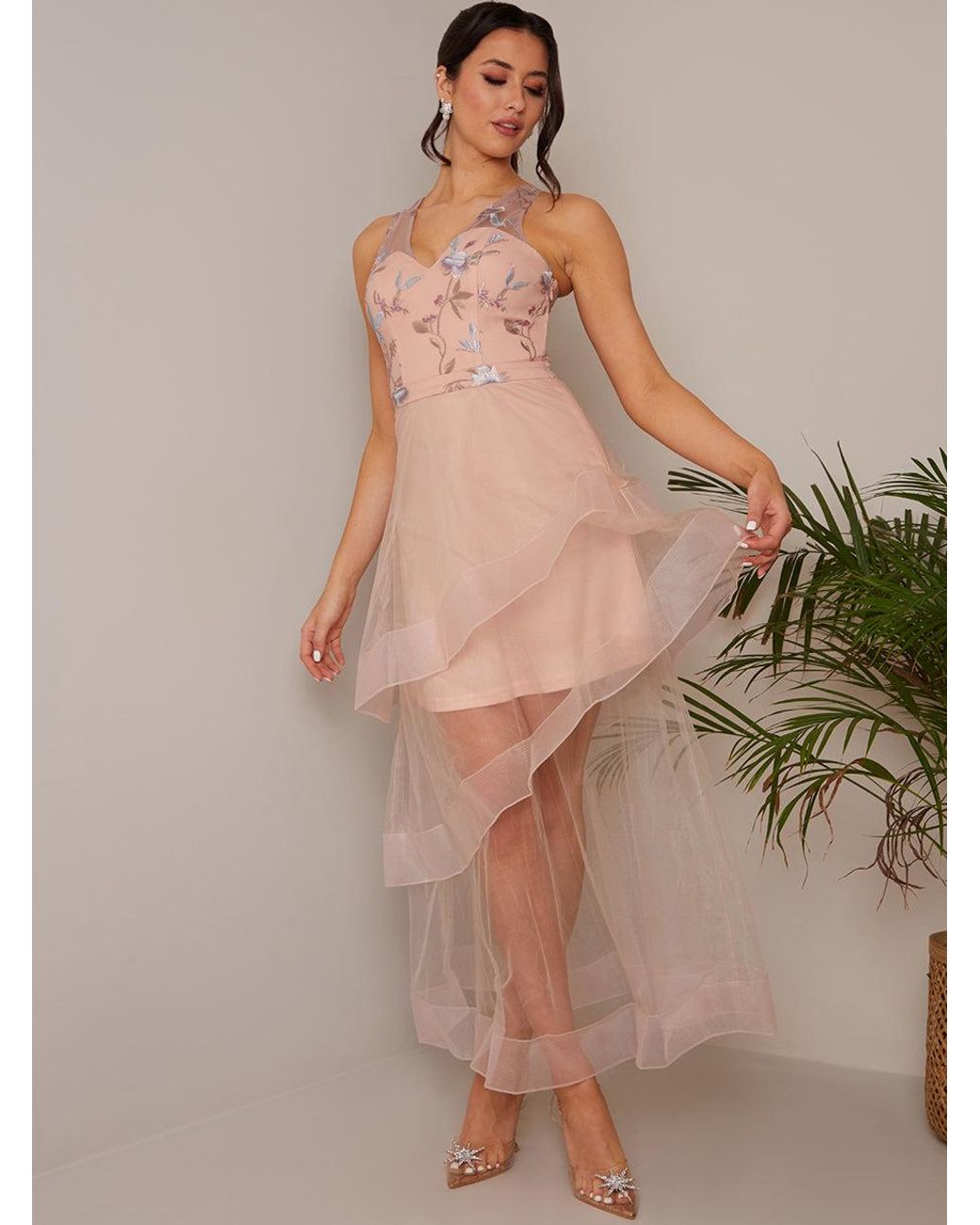 Chi Chi London Embroidered V Neck Mesh Skirt Dip Hem Midi