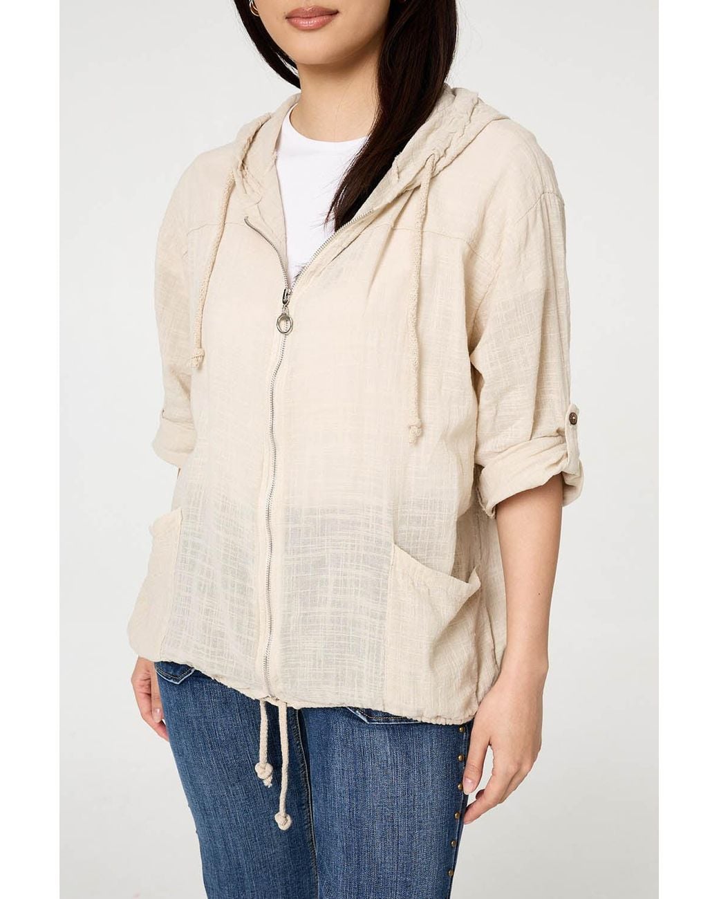 Izabel London Natural 3/4 Sleeve Hooded Zip Front Jacket