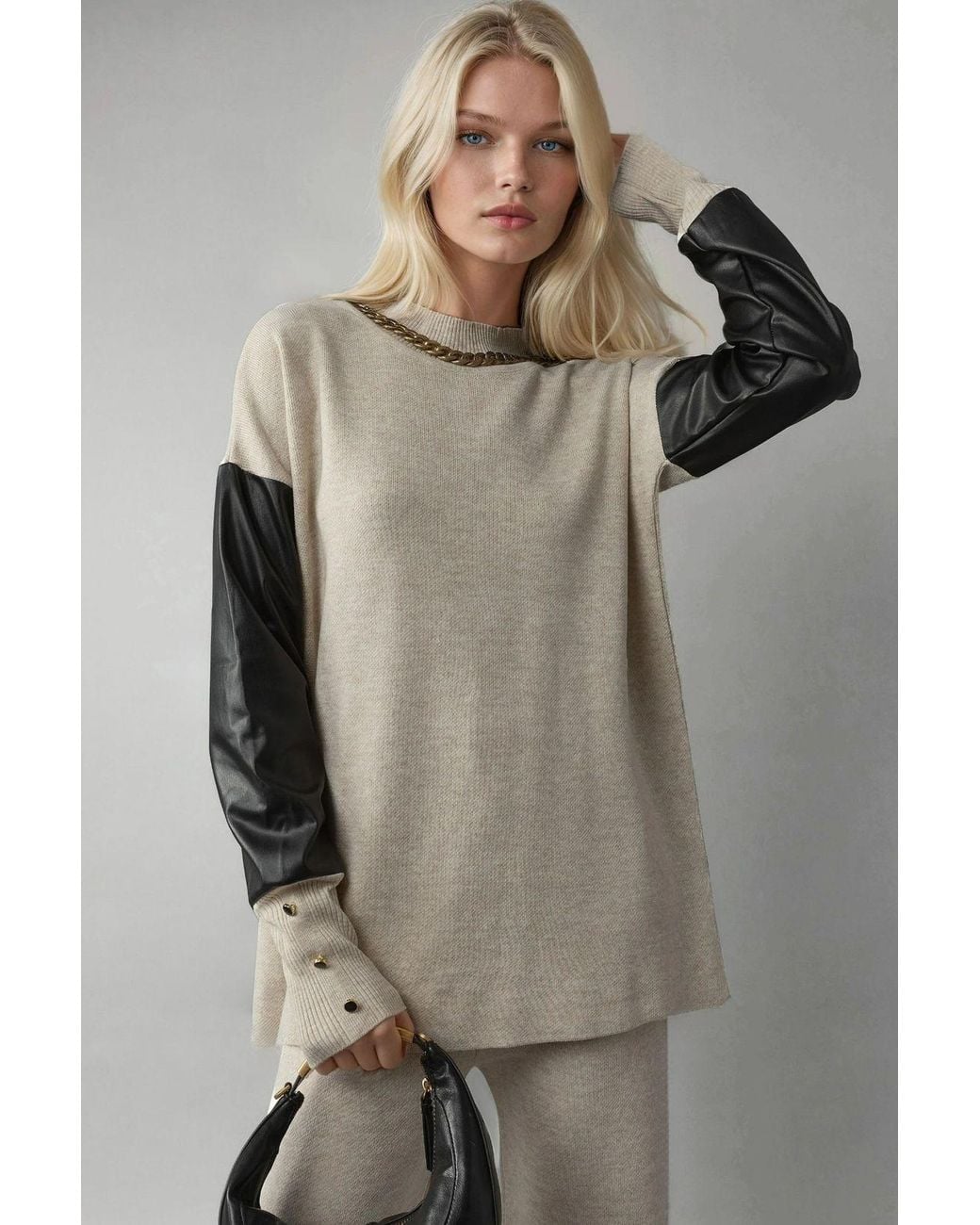 My Fashion Gray Faux Leather Detailed Sweater