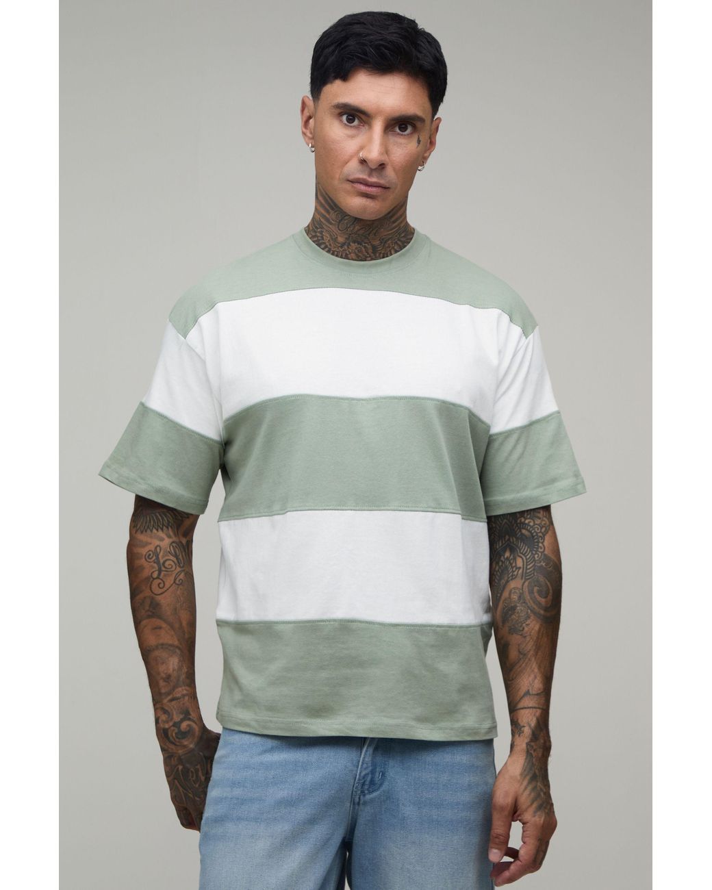 BoohooMAN Green Tall Oversized Colour Block Stripe T-Shirt for men