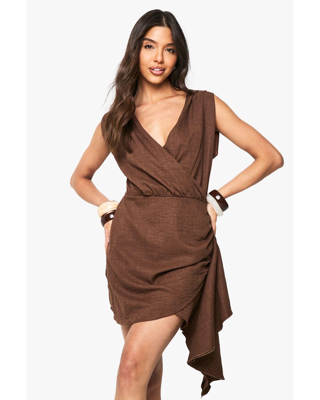Boohoo Brown Linen Look Wrap Mini Dress