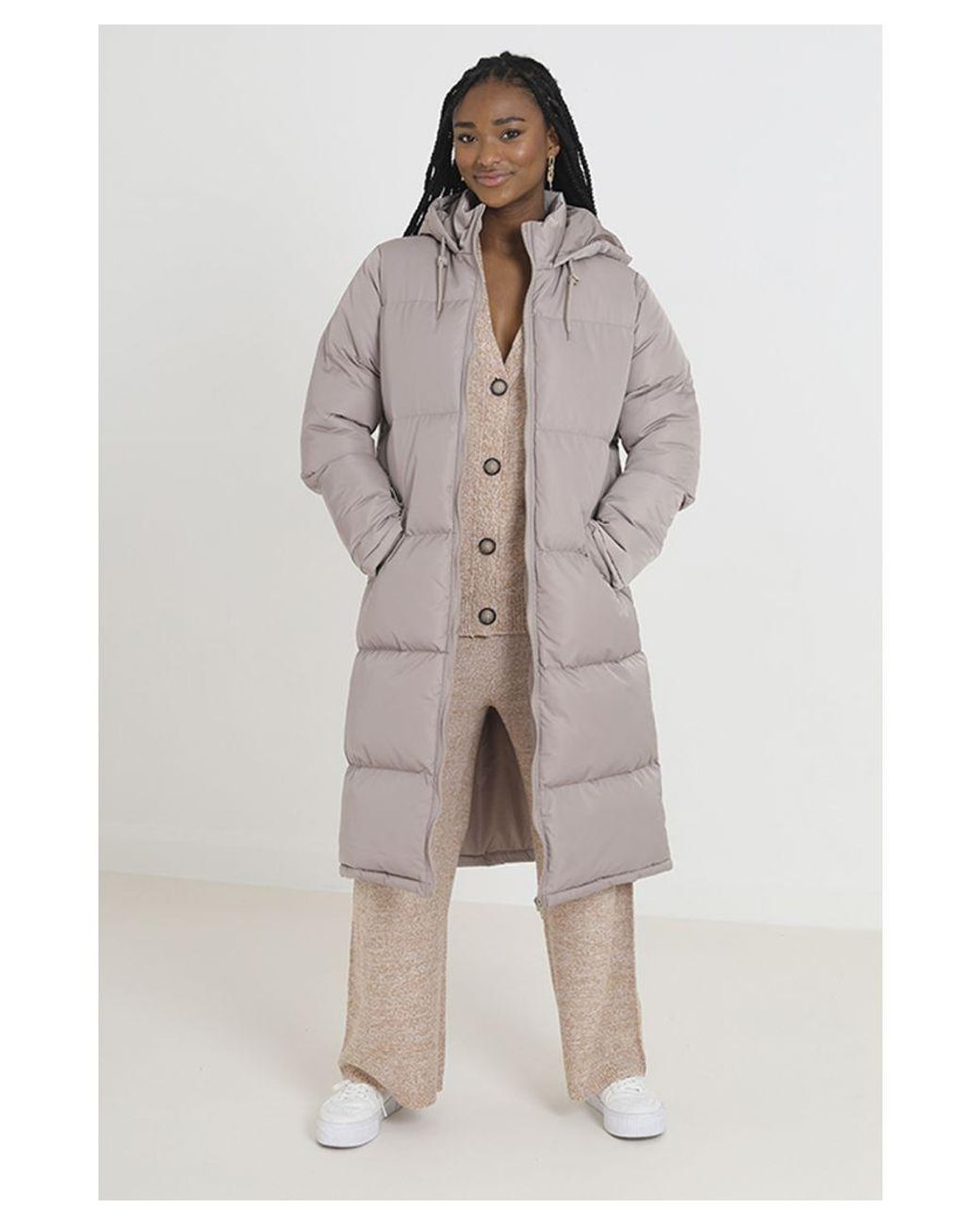 Brave Soul Stone 'cello' Maxi Length Padded Jacket With Fixed Hood in Grey  | Lyst UK