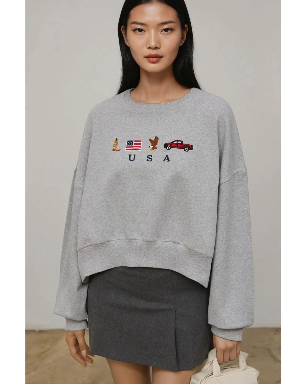 Hiccup Gray Embroidered Crew Neck Cottoned Raised Sweatshirt