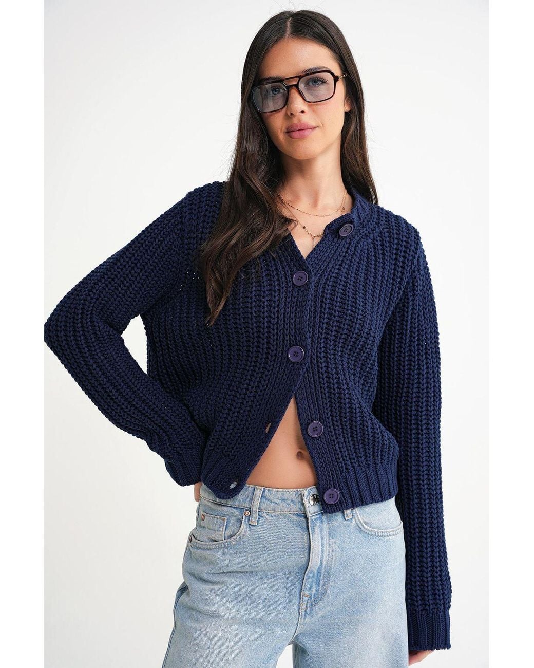 MixRay Blue Textured Ribbed Knit Cardigan With Buttons