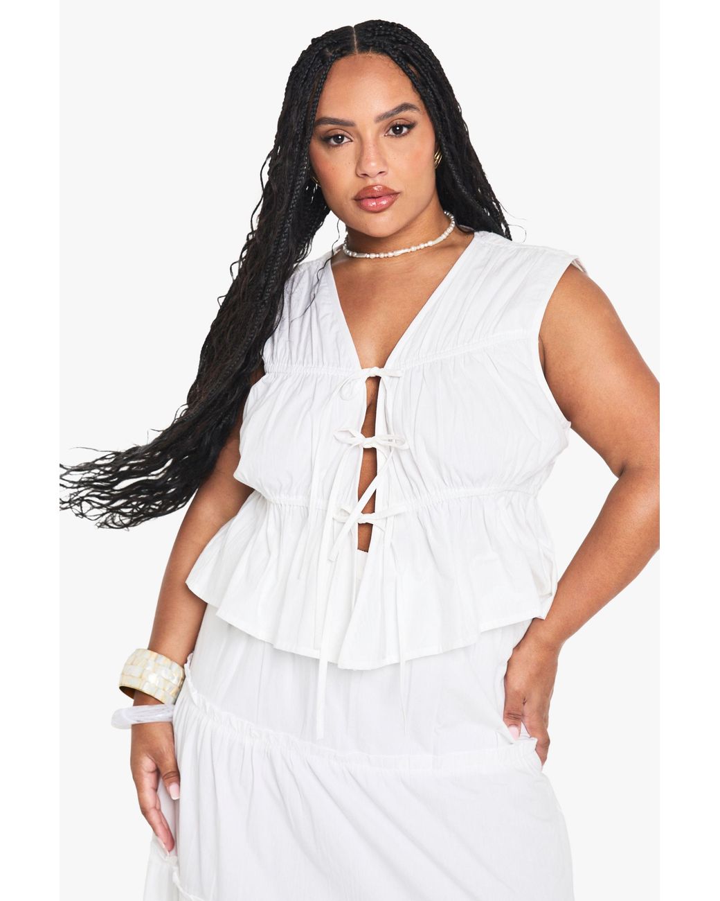 Boohoo White Plus Cotton Tie Front Waistcoat