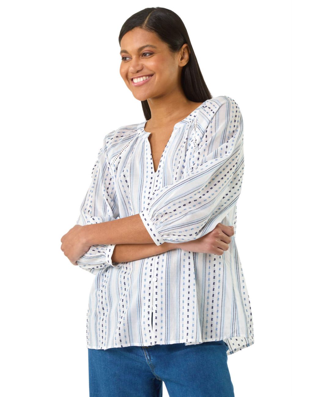 Roman White Dobby Stripe Print V-Neck Blouse
