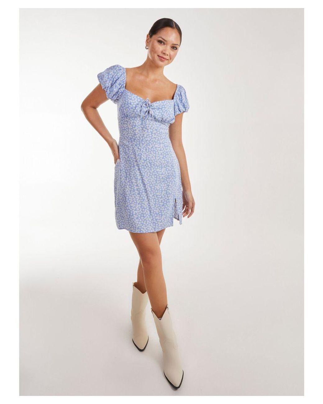 Pink Vanilla Blue Milkmaid Lace Up Puff Sleeve Mini Dress