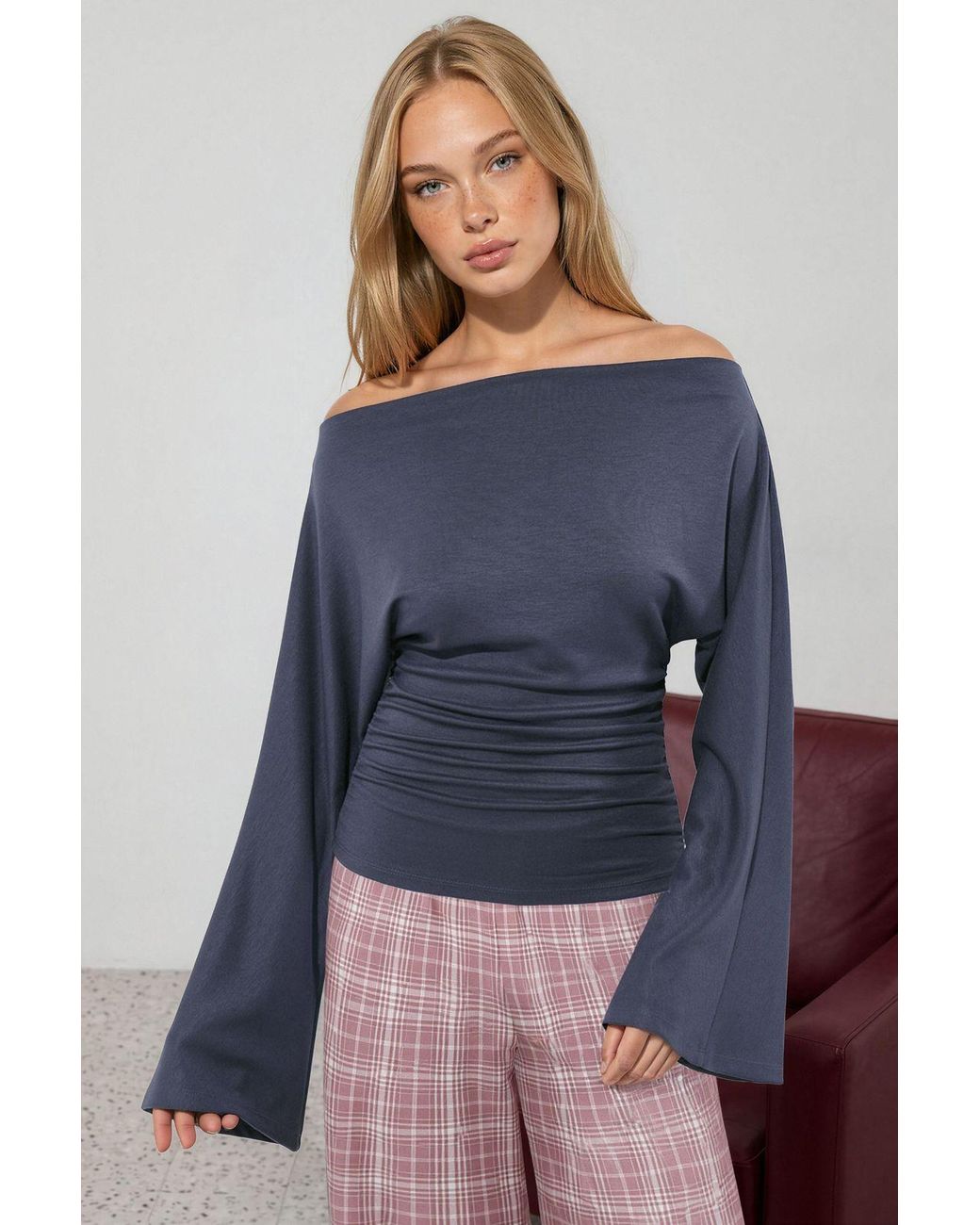 Hiccup Blue Boat Neck Batwing Sleeve Viscose Rib Knit Blouse