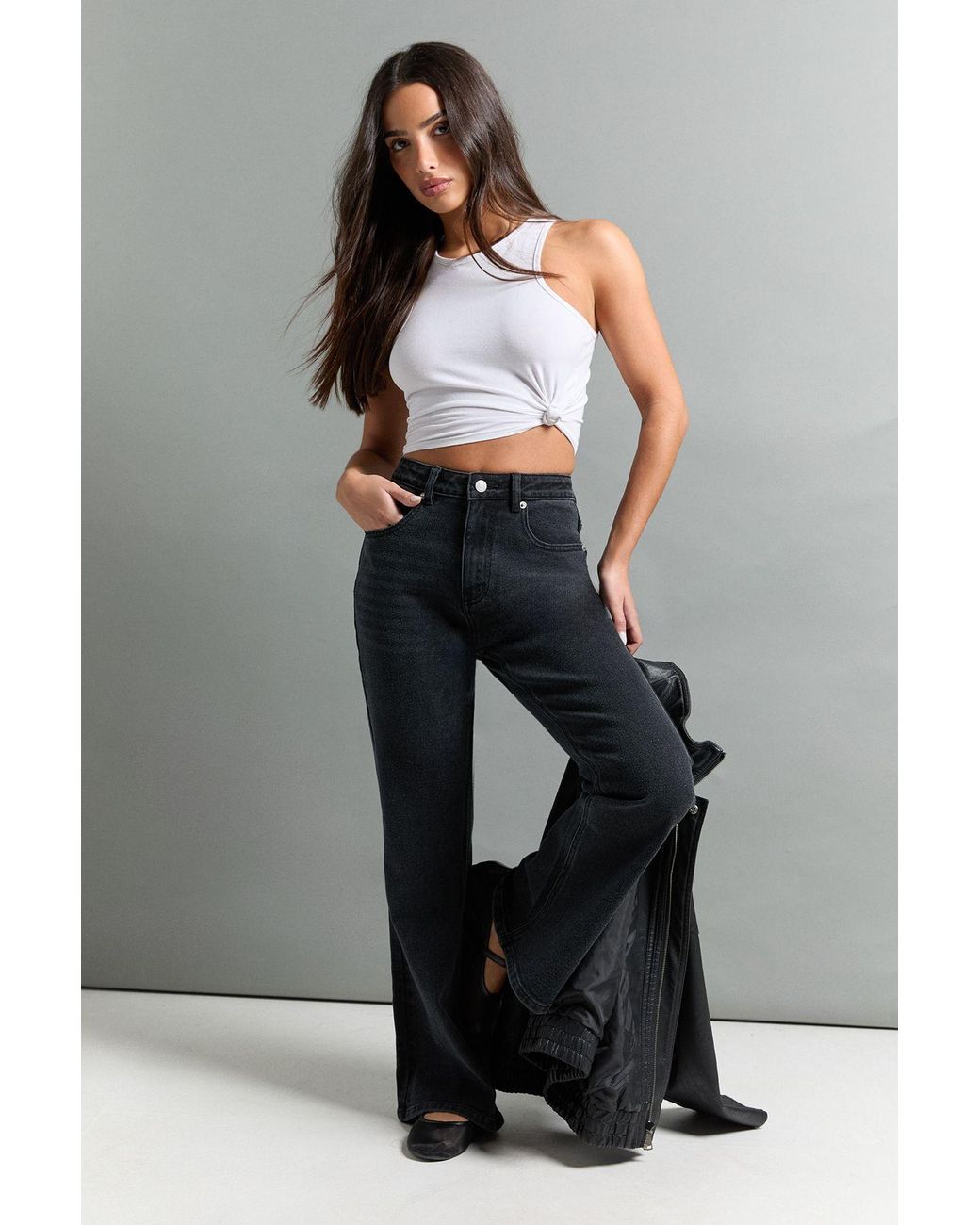 Boohoo Black The Petite High Waist Flare Jean
