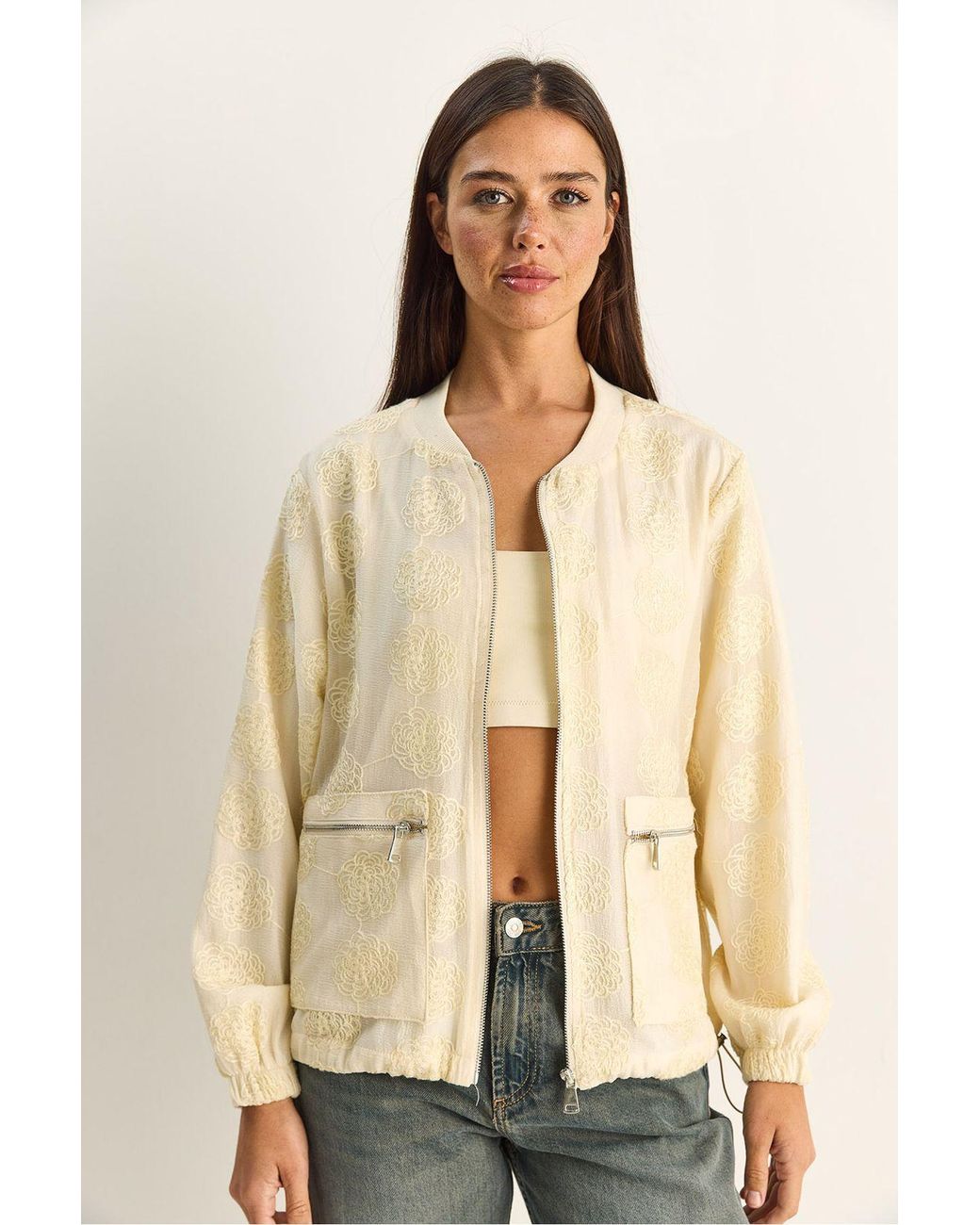 Bianco Lucci Natural Floral Embroidered Bomber Jacket