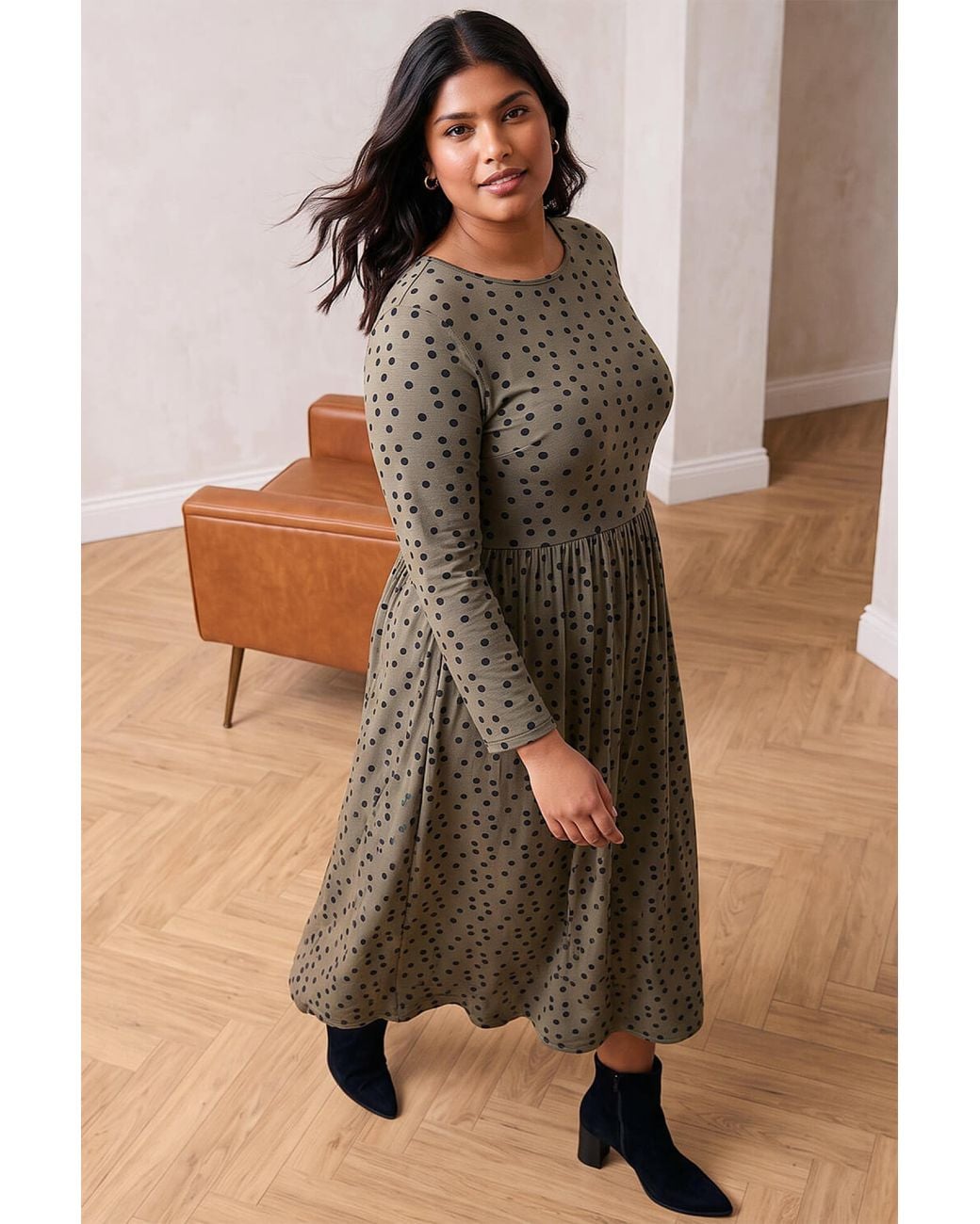 Roman Brown Curve Polka Dot Stretch Dress