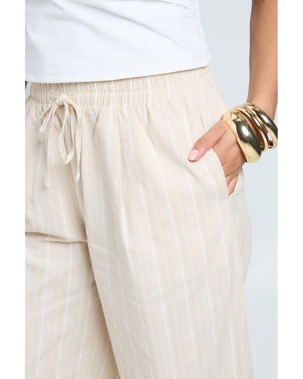 Boohoo Natural Tonal Stripe Linen Look Relaxed Fit Wide Leg Trousers
