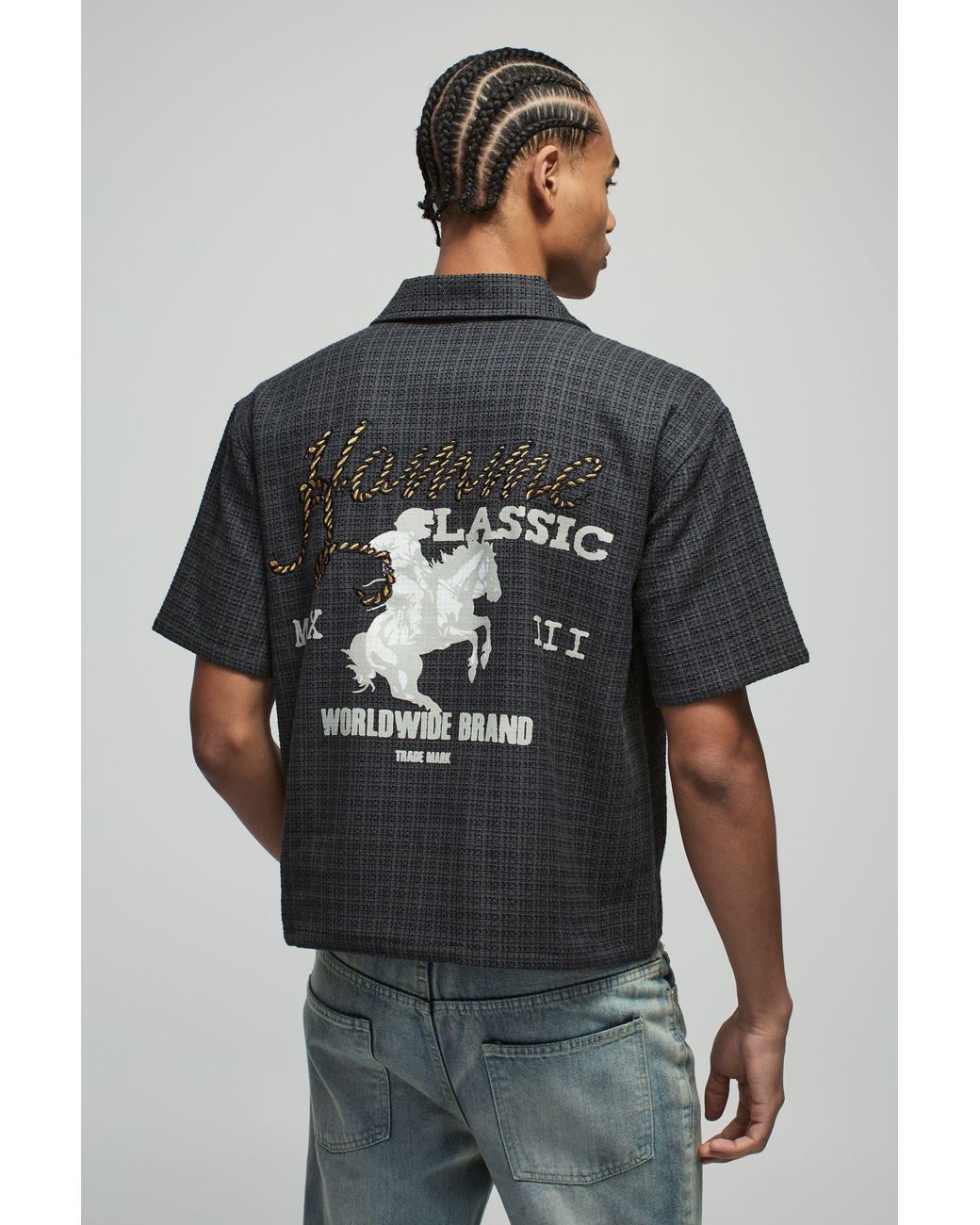 BoohooMAN Gray Oversized Boxy Embroidered Western Collared Shirt for men