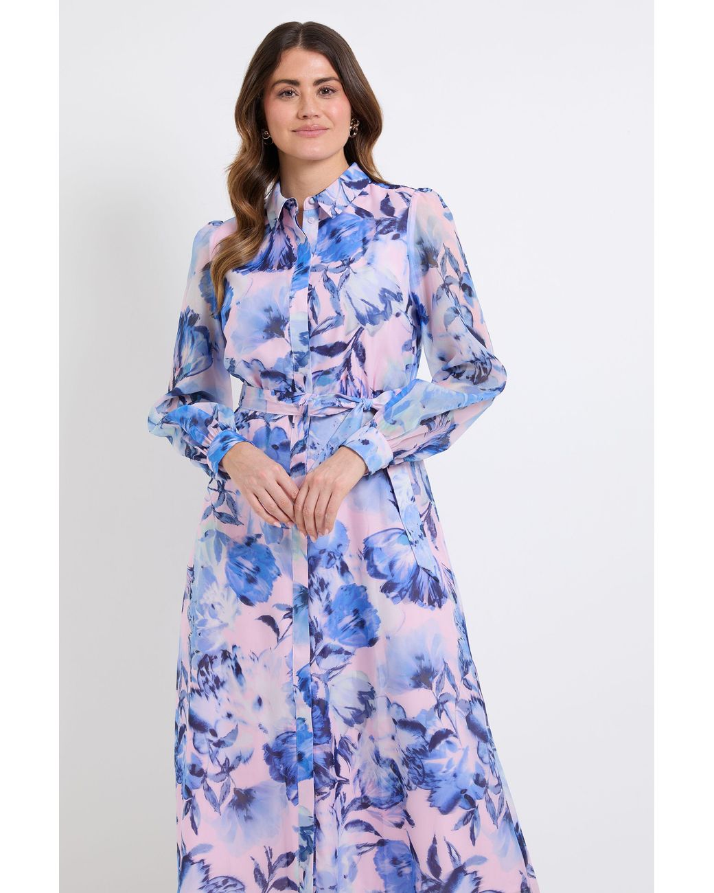 Wallis Blue Floral Organza Shirt Midi Dress