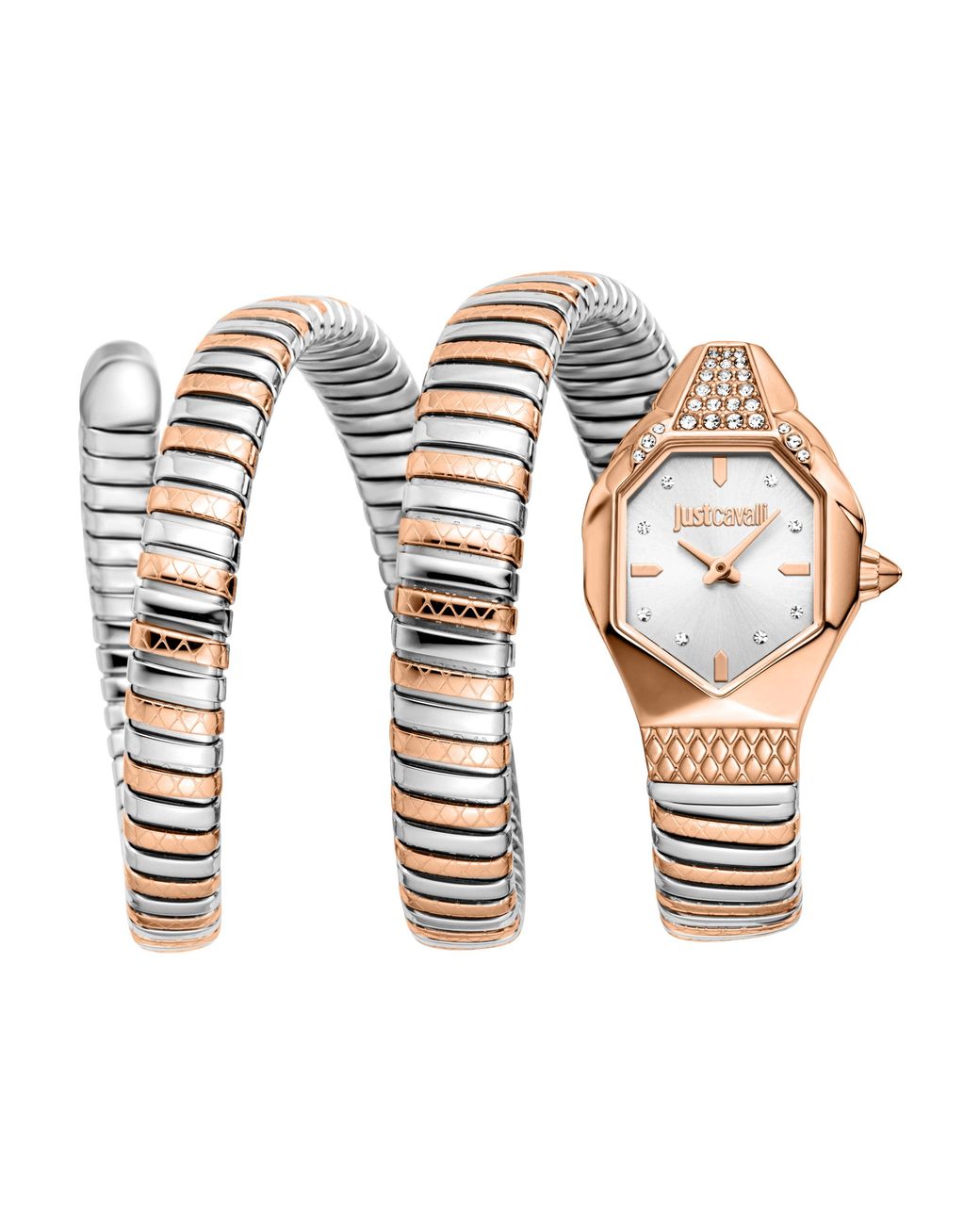 Just Cavalli Metallic Snake Watch, Rose Color Case, Dial, Two Tone & Stainless Steel Bracelet