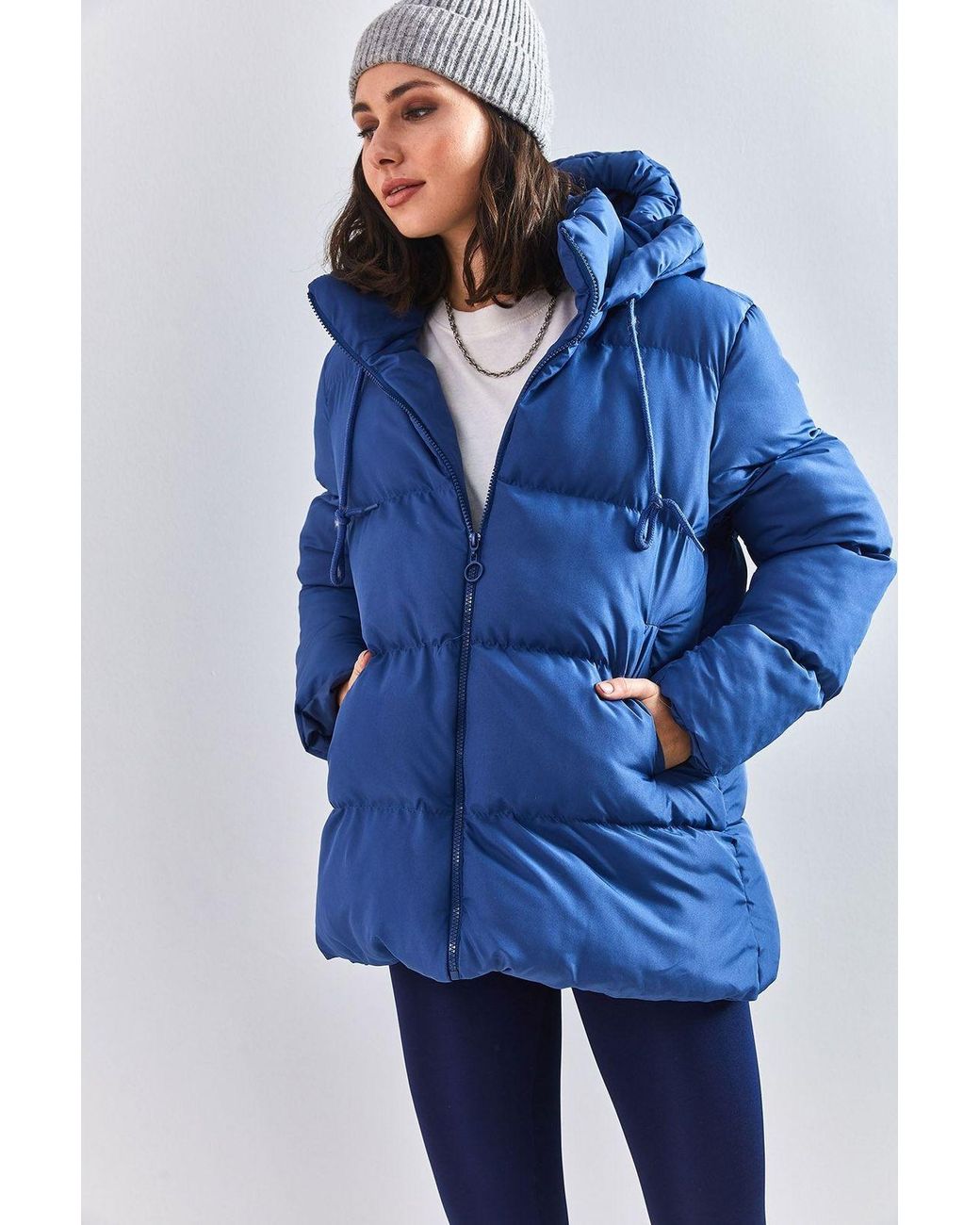 Bianco Lucci Blue Hooded Thick Puffer Down Coat