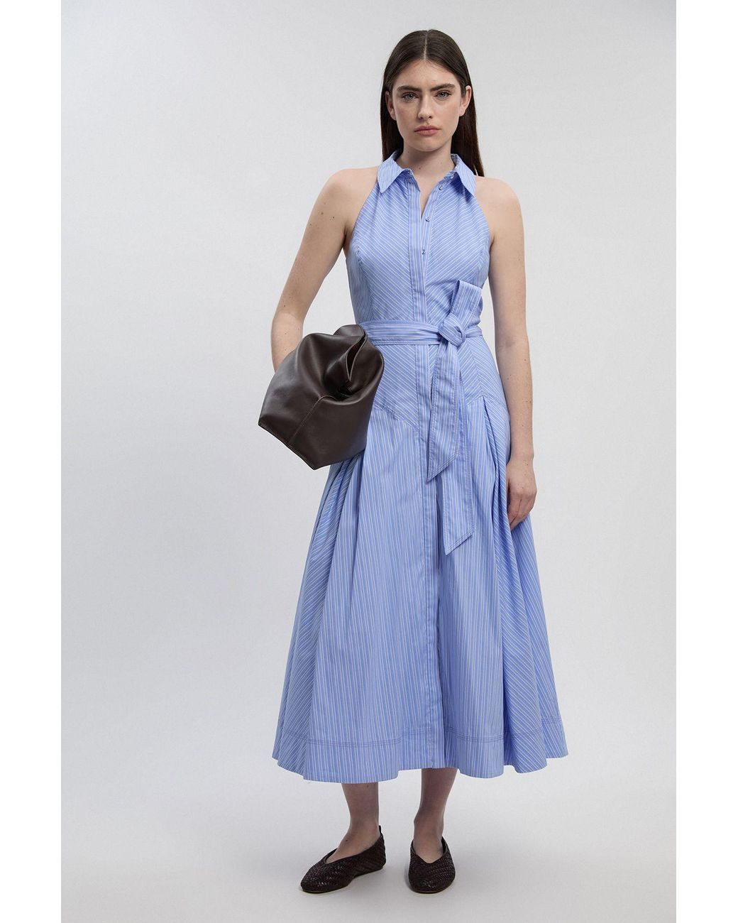 Karen Millen Blue Petite Cotton Collared Stripe Halter Neck Woven Midi Shirt Dress With Dropped Waist Detail