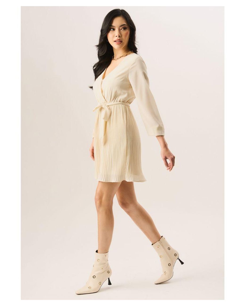 Gini London Natural Pleated Long Sleeve Wrap Mini Dress